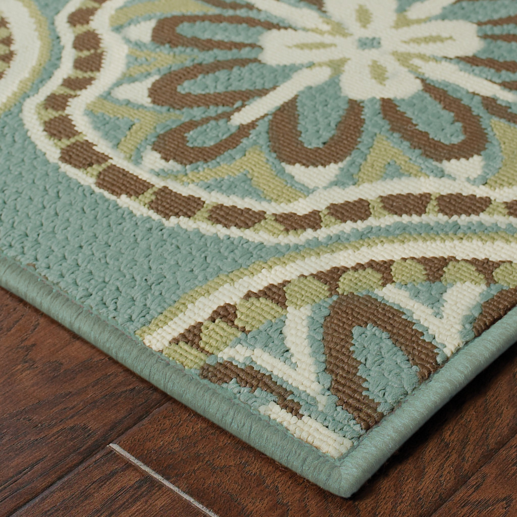 2 X 8 Blue and Ivory Floral Stain Resistant Indoor Outdoor Area Rug