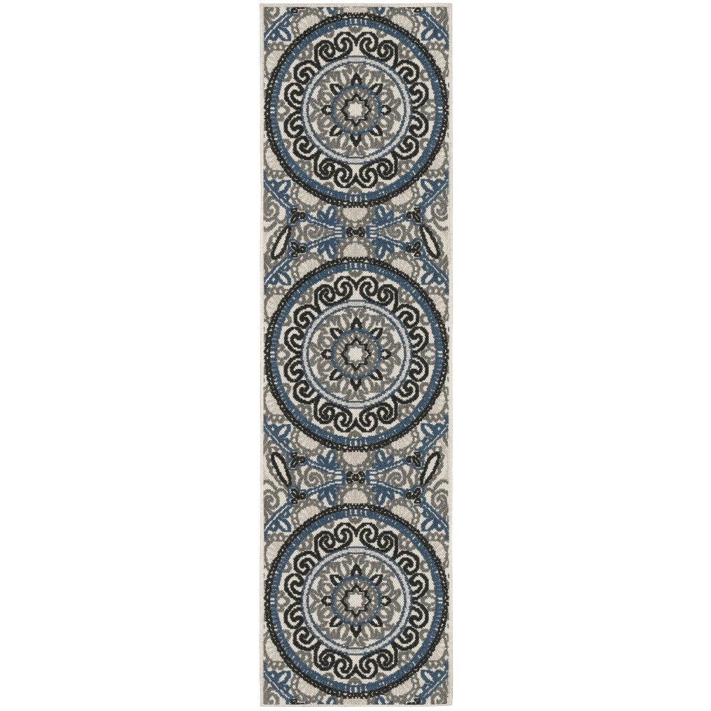 2 X 7 Blue and Beige geometric Stain Resistant Indoor Outdoor Area Rug