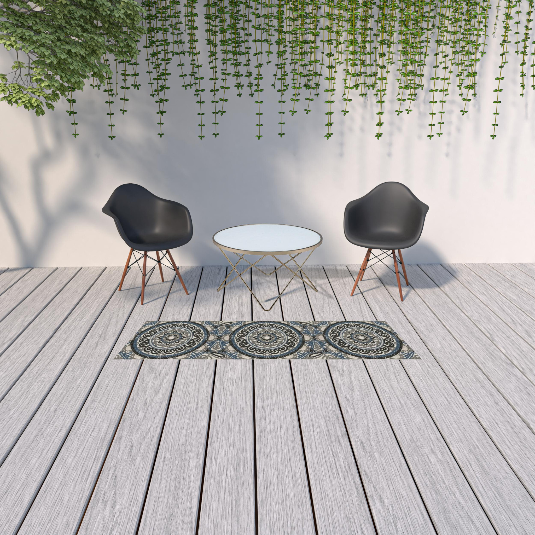 2 X 7 Blue and Beige geometric Stain Resistant Indoor Outdoor Area Rug