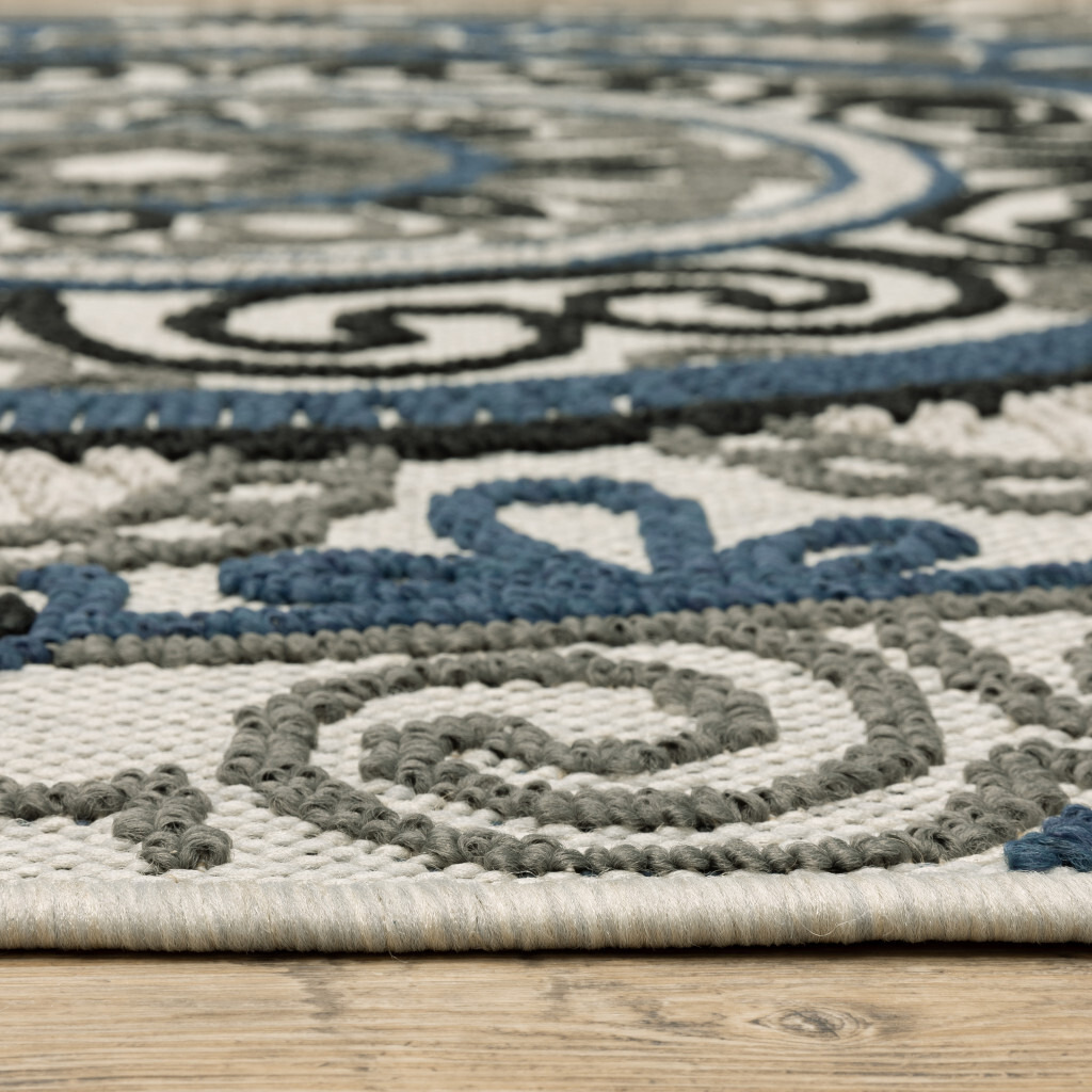 2 X 7 Blue and Beige geometric Stain Resistant Indoor Outdoor Area Rug