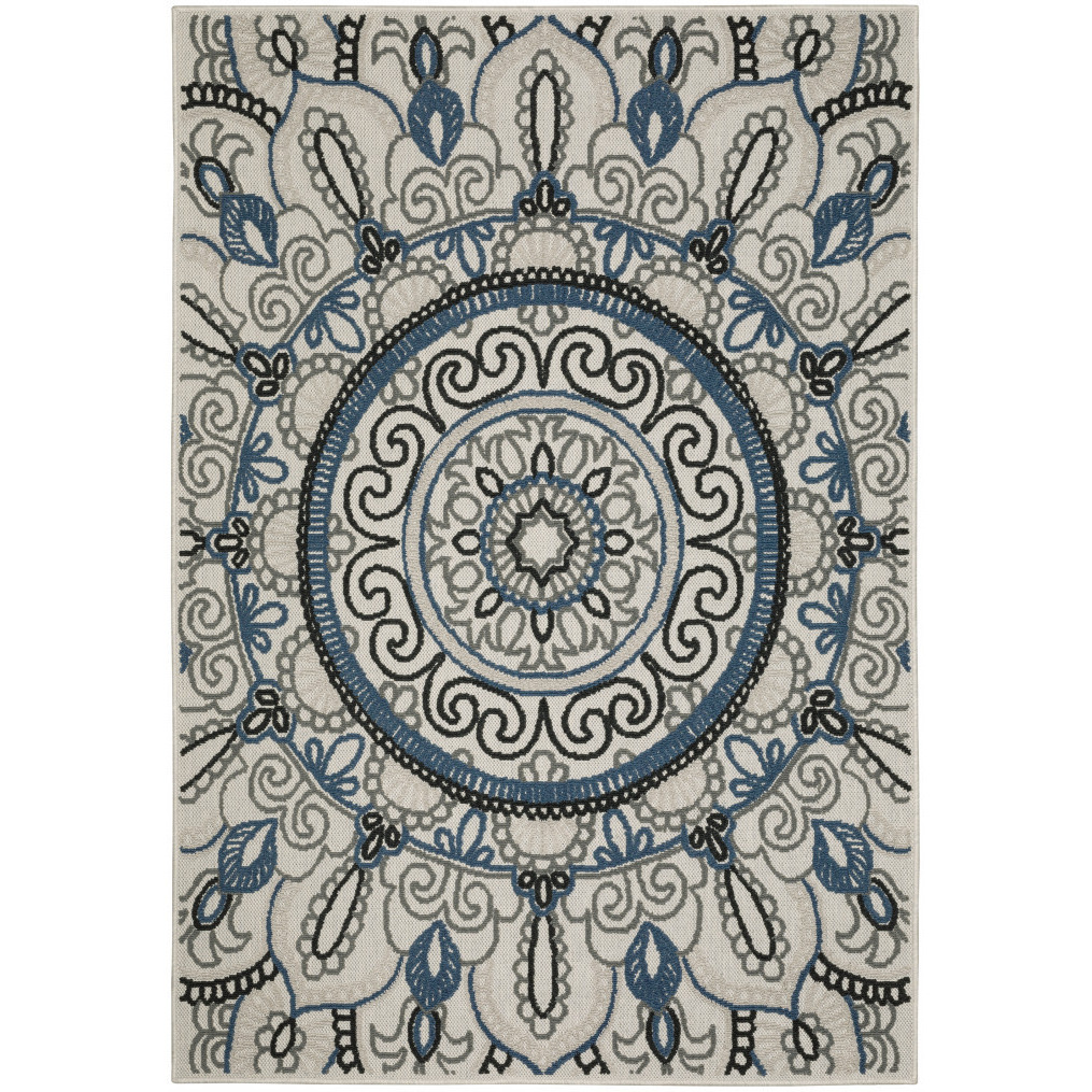 3 X 5 Blue and Beige geometric Stain Resistant Indoor Outdoor Area Rug