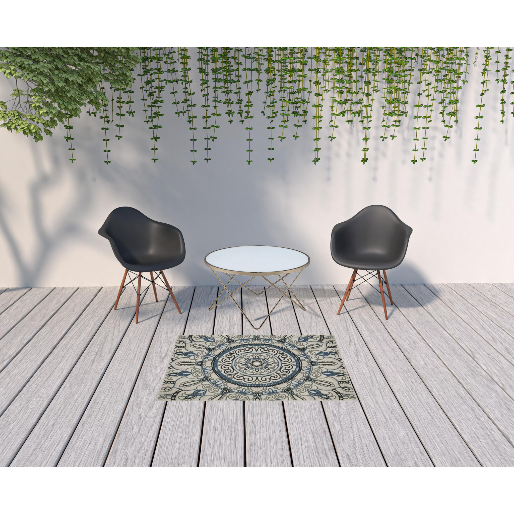 3 X 5 Blue and Beige geometric Stain Resistant Indoor Outdoor Area Rug