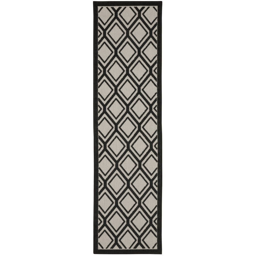 2 X 7 Beige and Black geometric Stain Resistant Indoor Outdoor Area Rug