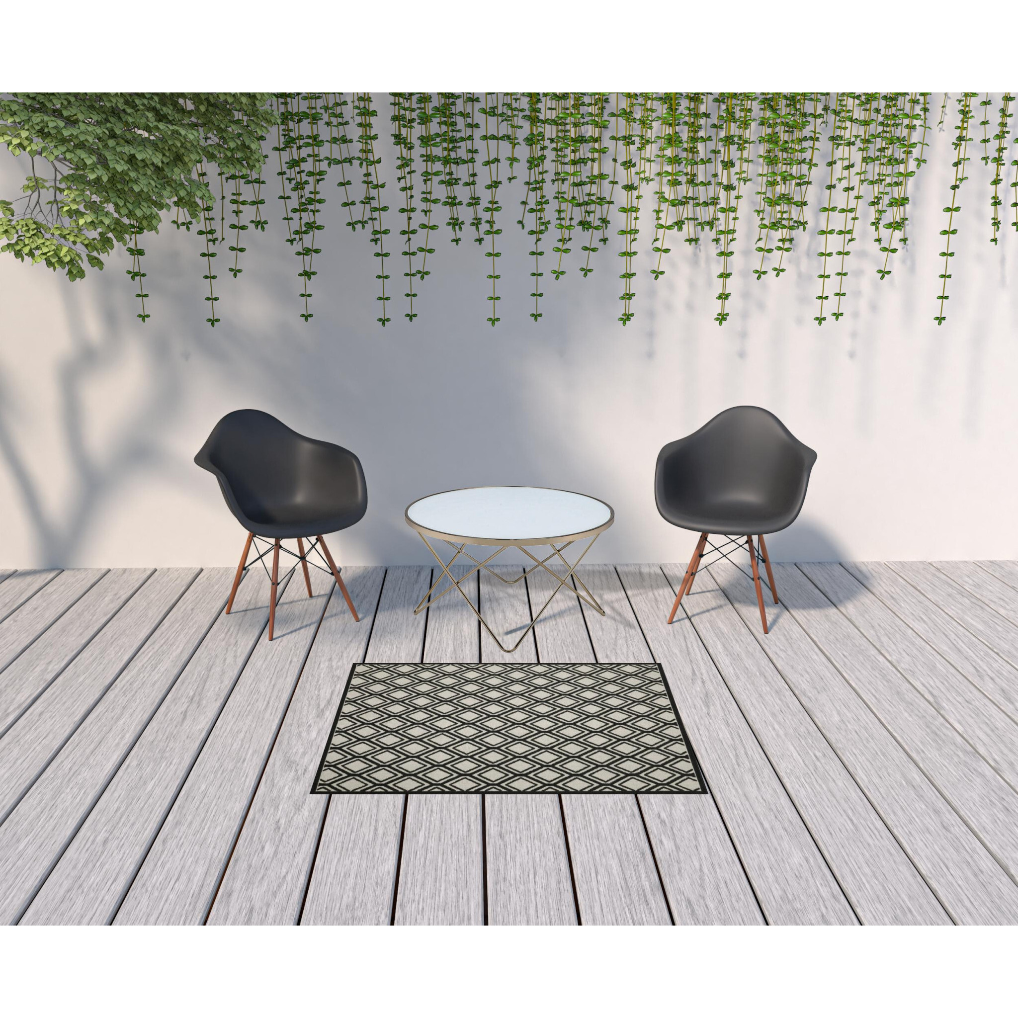 3 X 5 Beige and Black geometric Stain Resistant Indoor Outdoor Area Rug