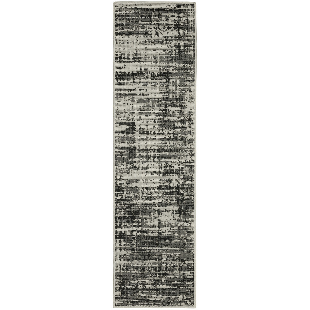 2 X 7 Beige and Black Abstract Stain Resistant Indoor Outdoor Area Rug