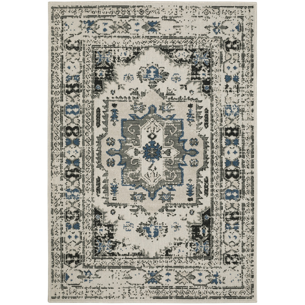 3 X 5 Blue and Beige Oriental Stain Resistant Indoor Outdoor Area Rug