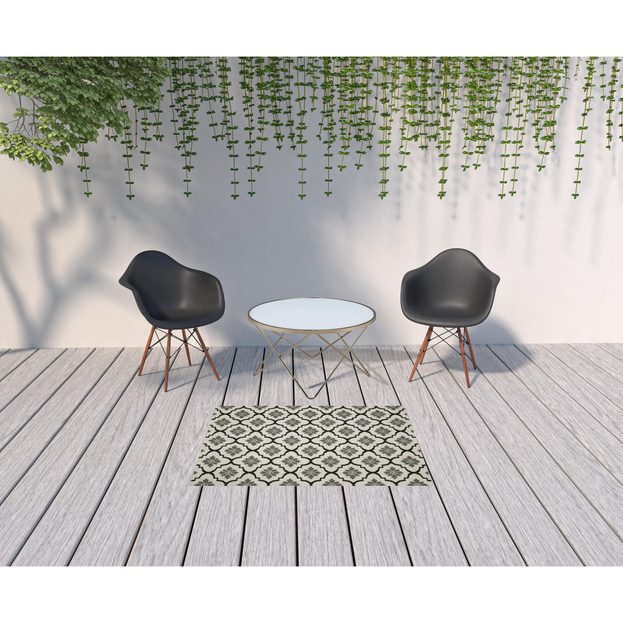 3 X 5 Beige and Black geometric Stain Resistant Indoor Outdoor Area Rug