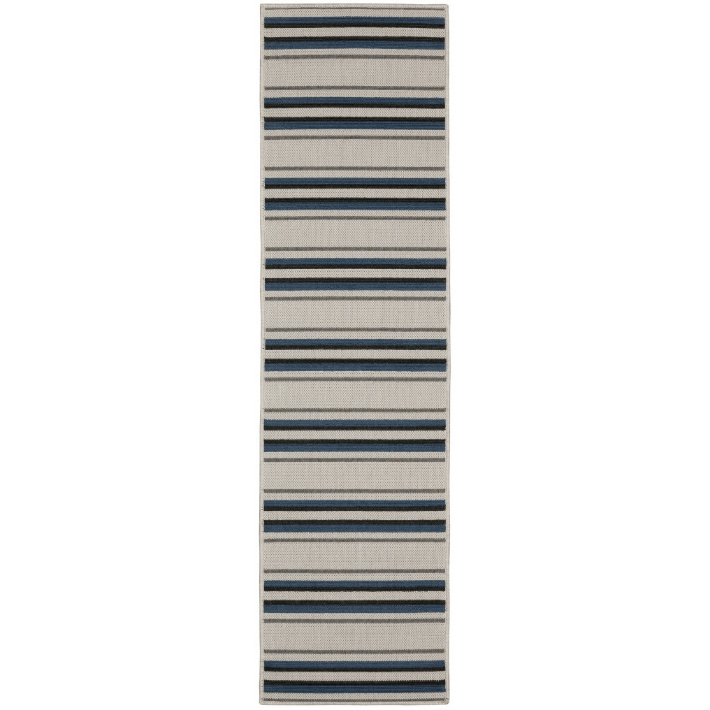 2 X 7 Blue and Beige geometric Stain Resistant Indoor Outdoor Area Rug