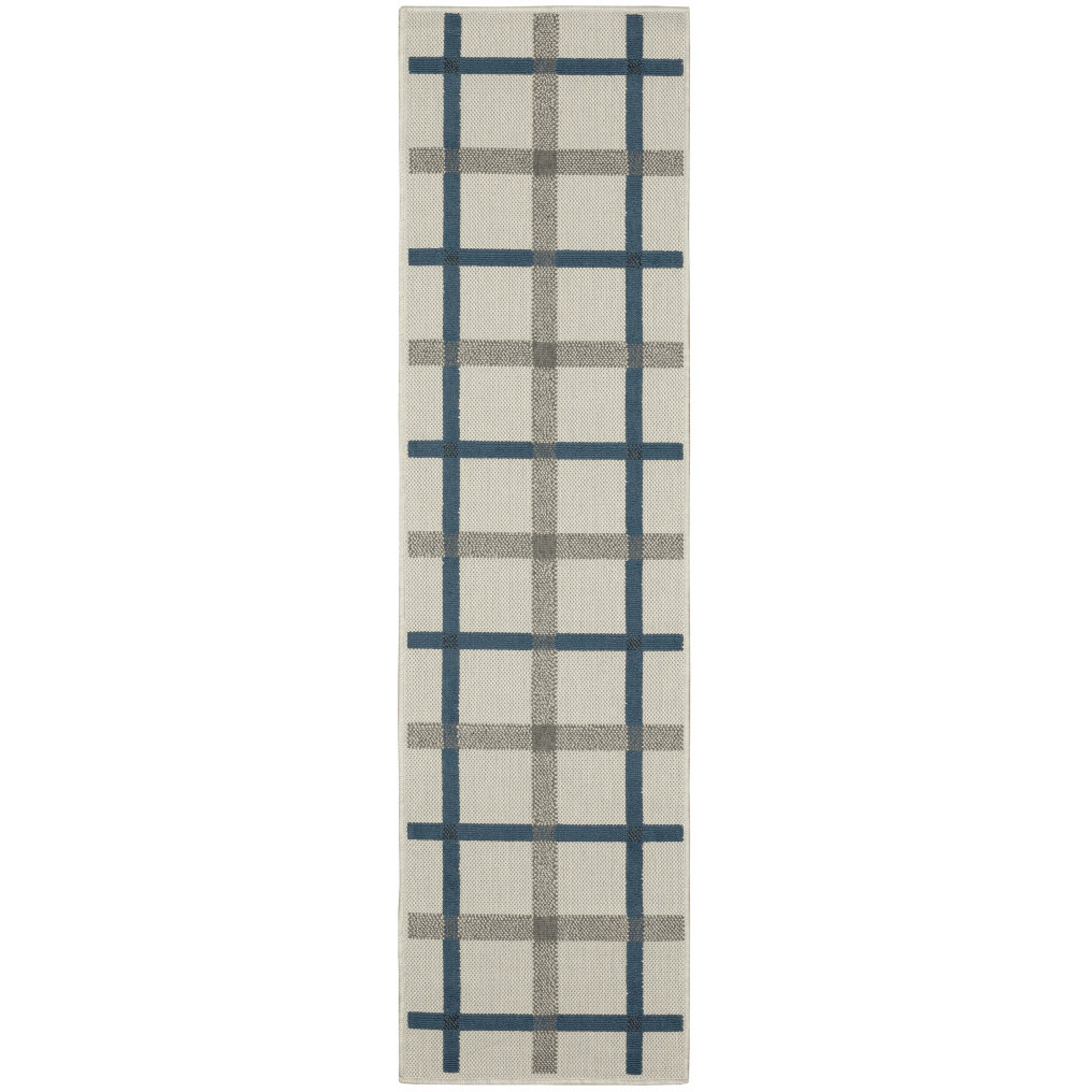 2 X 7 Blue and Beige geometric Stain Resistant Indoor Outdoor Area Rug