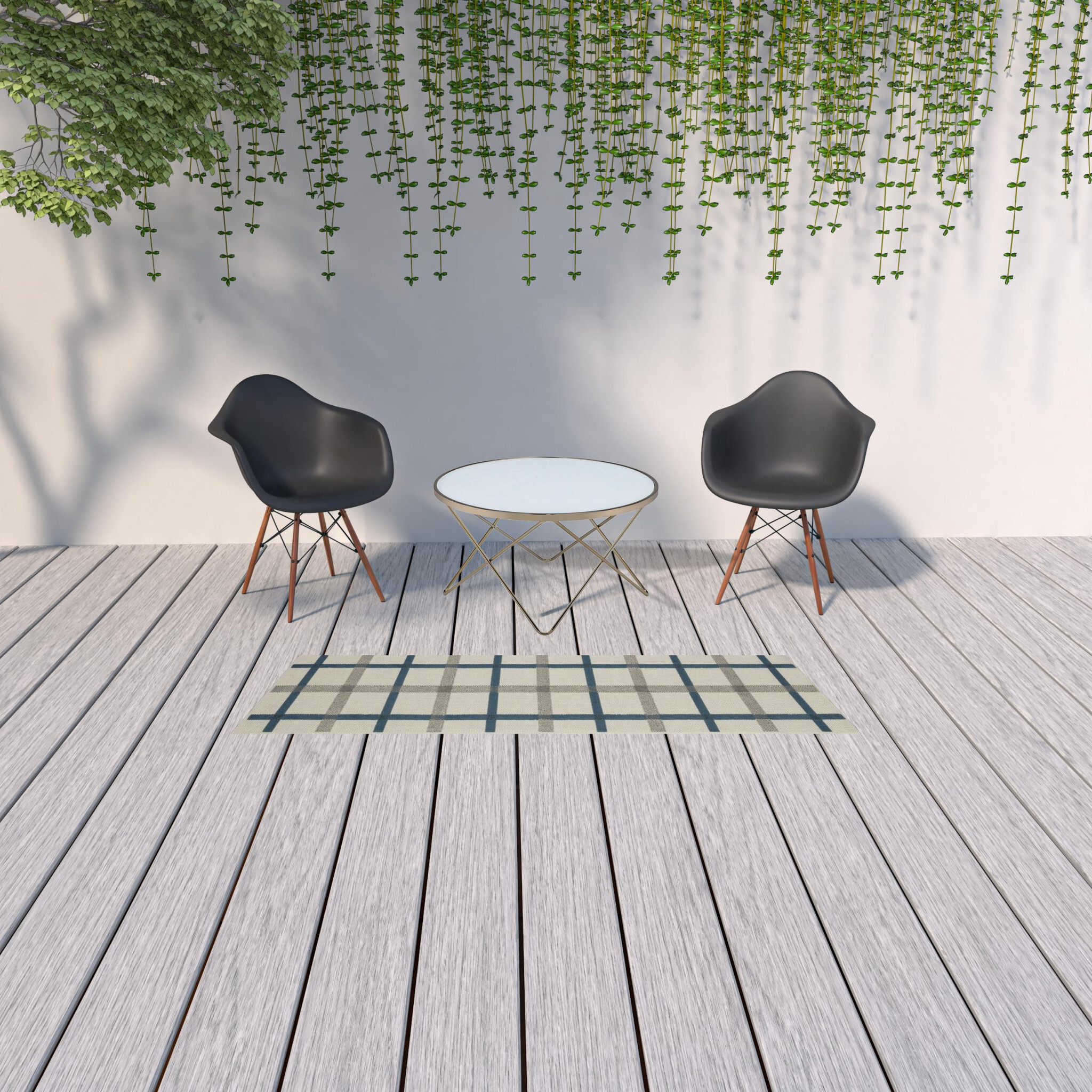 2 X 7 Blue and Beige geometric Stain Resistant Indoor Outdoor Area Rug