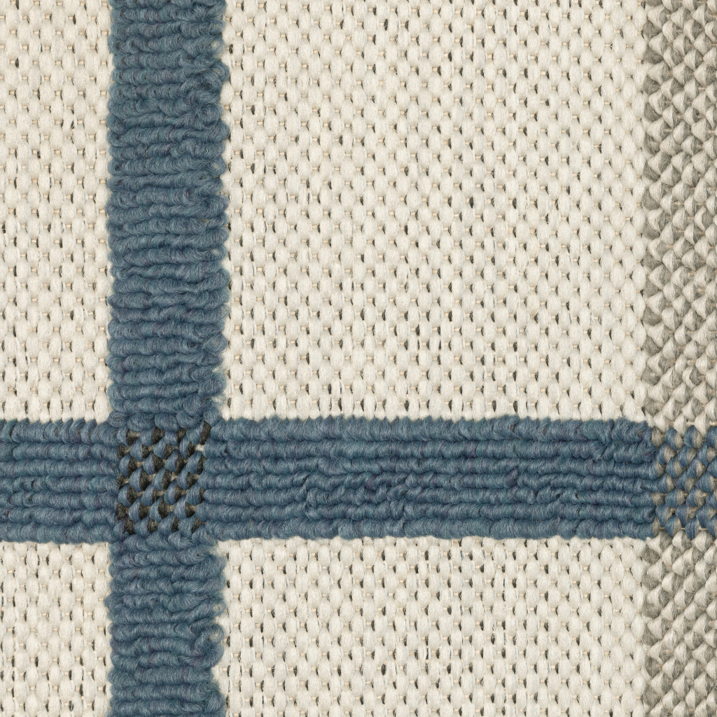 2 X 7 Blue and Beige geometric Stain Resistant Indoor Outdoor Area Rug