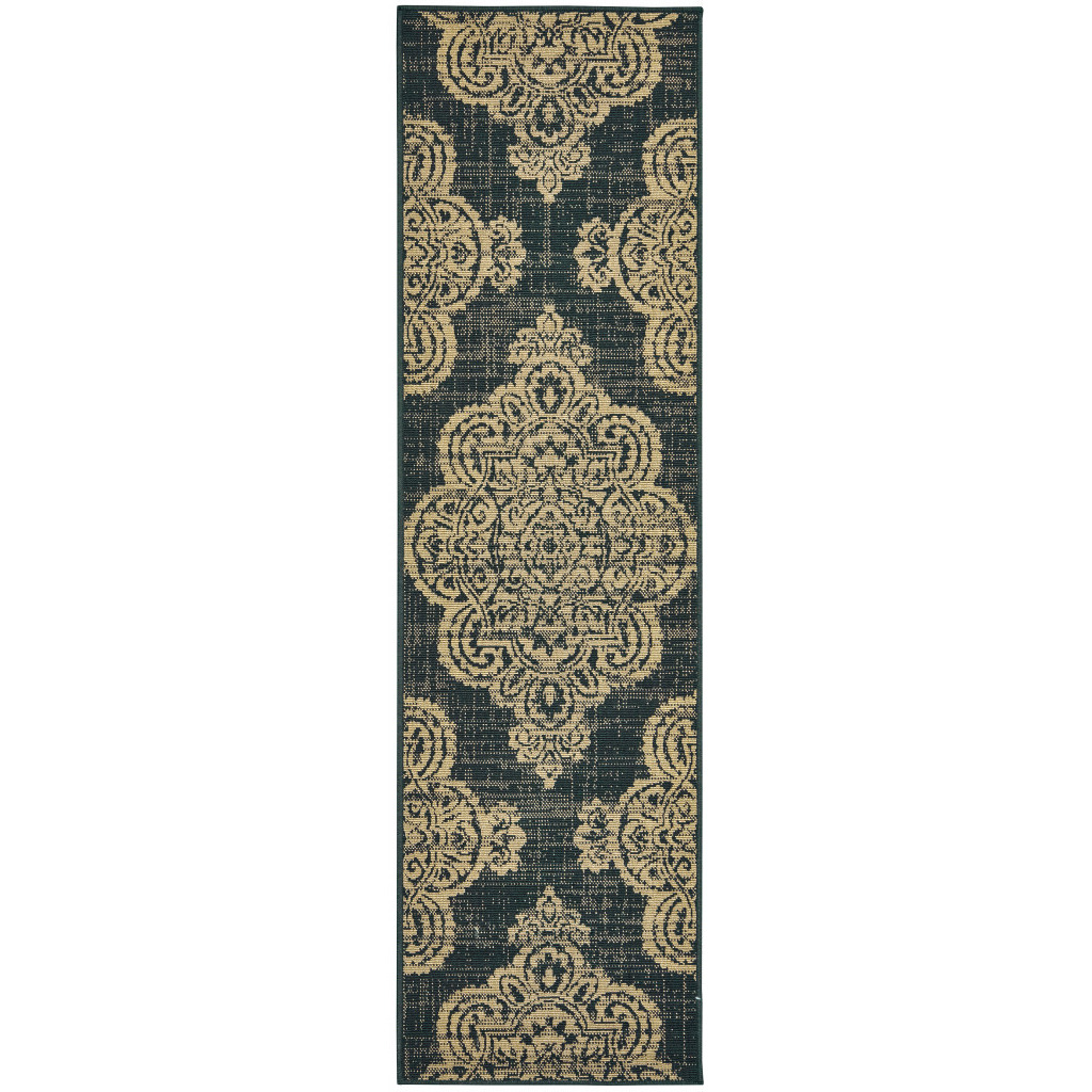 2 X 8 Black and Tan Oriental Stain Resistant Indoor Outdoor Area Rug