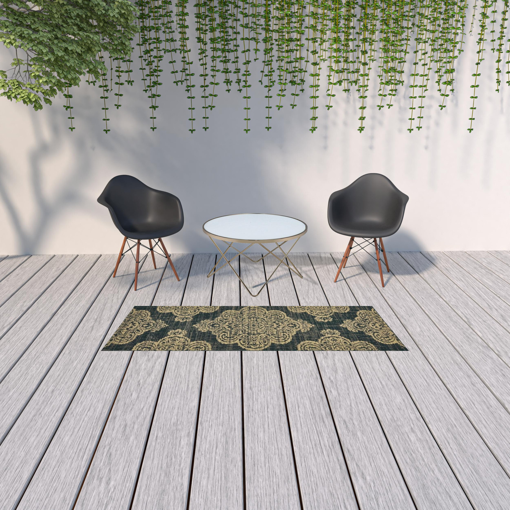 2 X 8 Black and Tan Oriental Stain Resistant Indoor Outdoor Area Rug