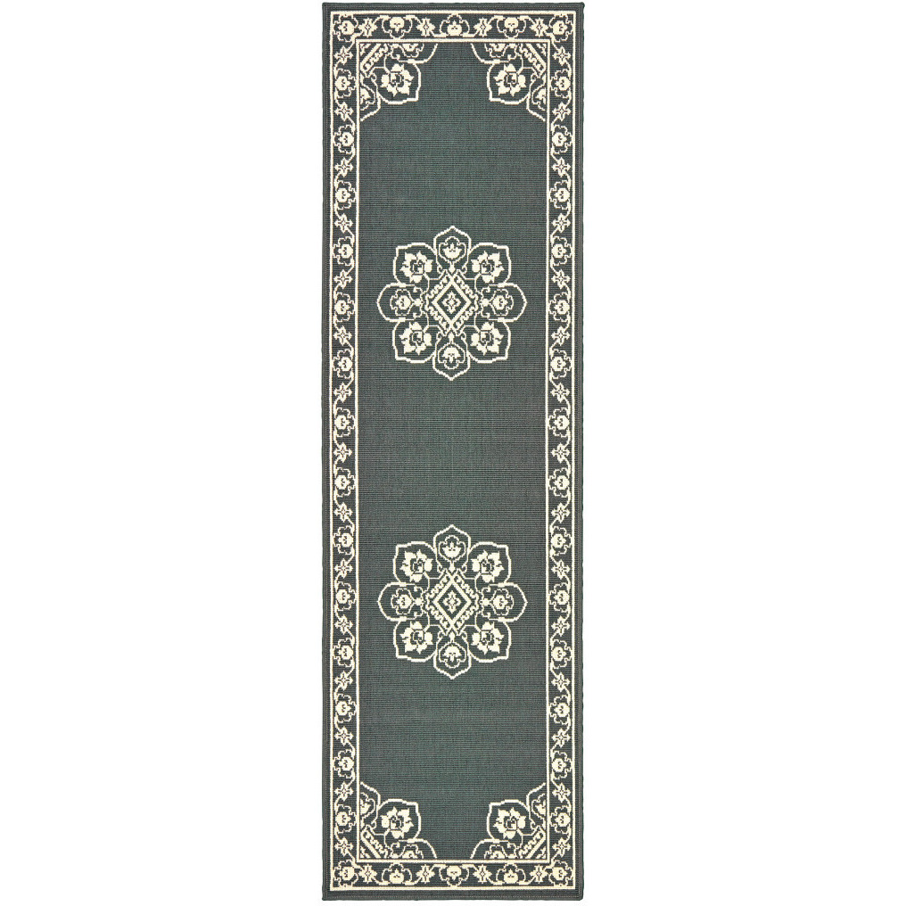 2 X 8 gray and Ivory Oriental Stain Resistant Indoor Outdoor Area Rug