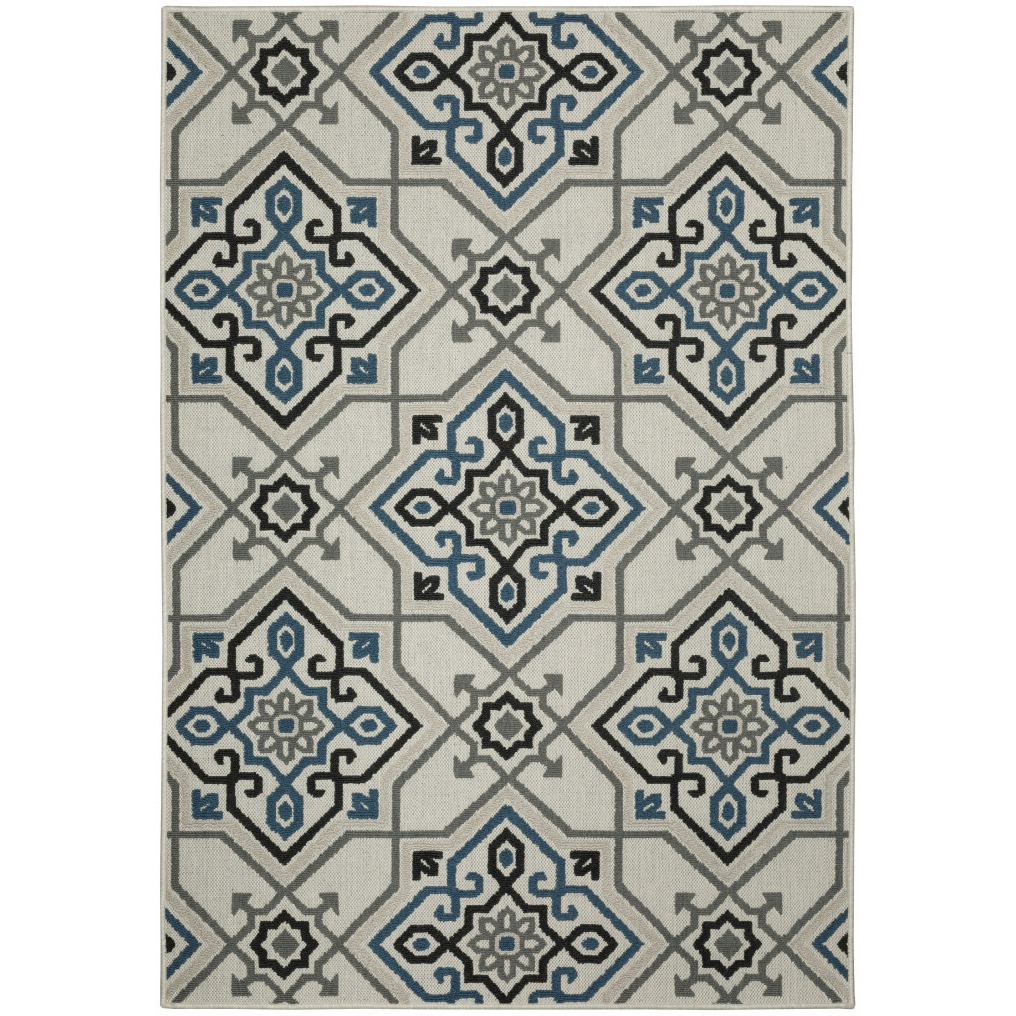 3 X 5 Blue and Beige Oriental Stain Resistant Indoor Outdoor Area Rug
