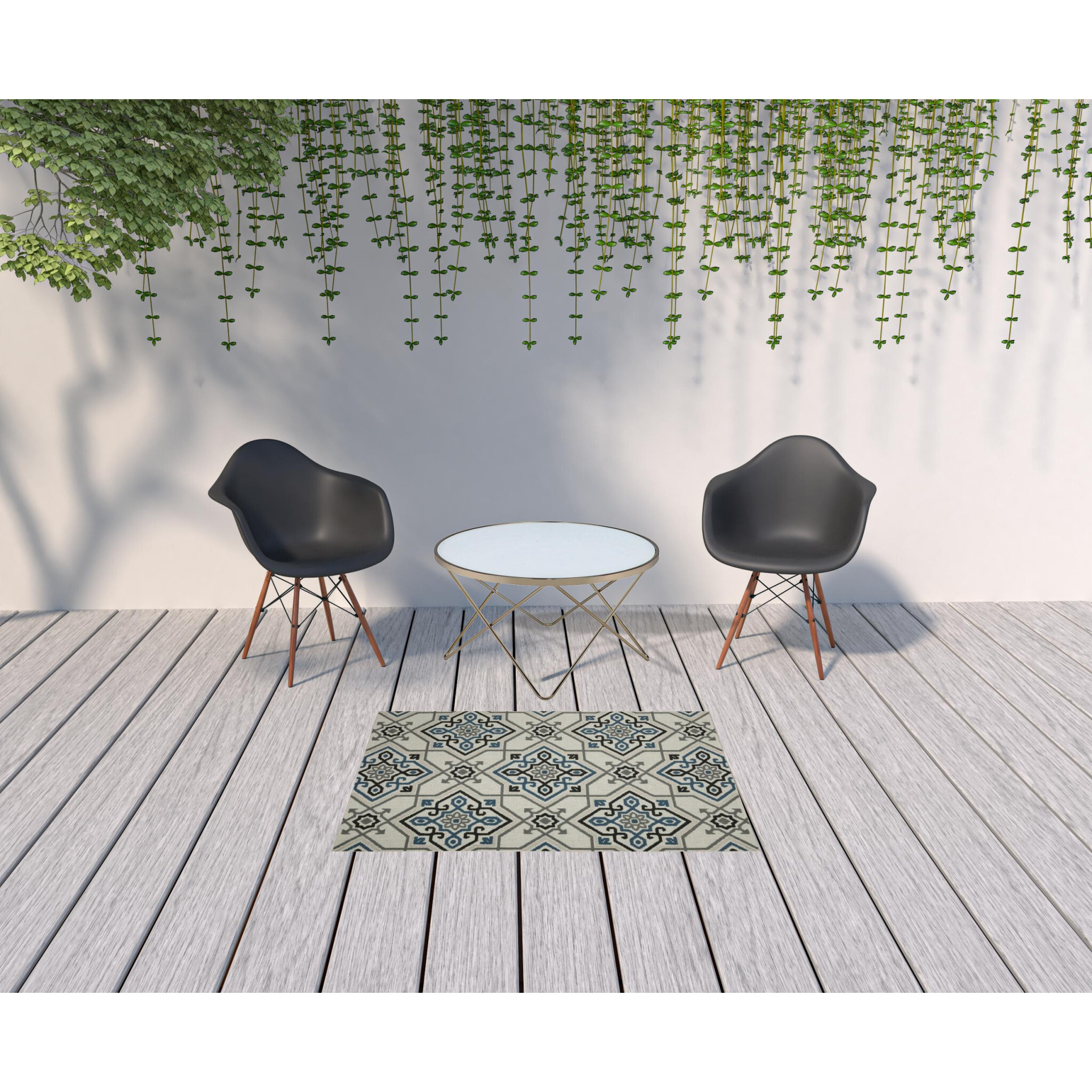 3 X 5 Blue and Beige Oriental Stain Resistant Indoor Outdoor Area Rug
