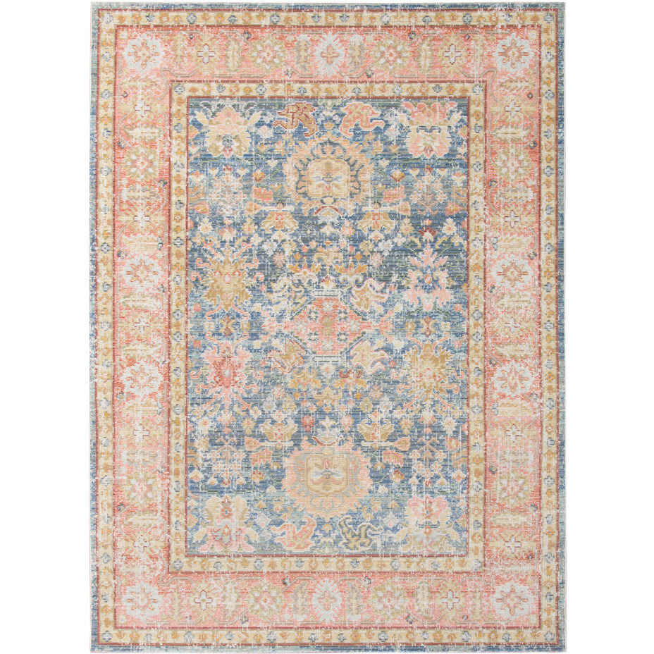 2' x 3' Blue and Pink Oriental Power Loom Distressed Area Rug