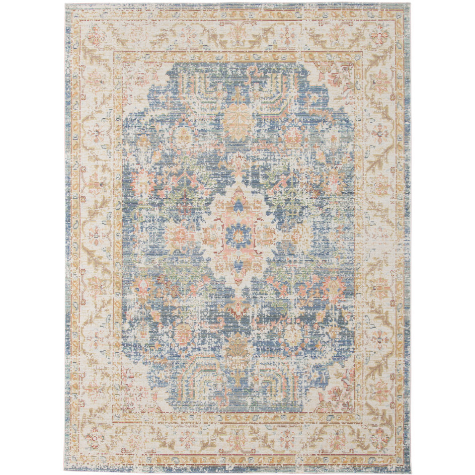 2' x 3' Blue and Ivory Oriental Power Loom Distressed Area Rug