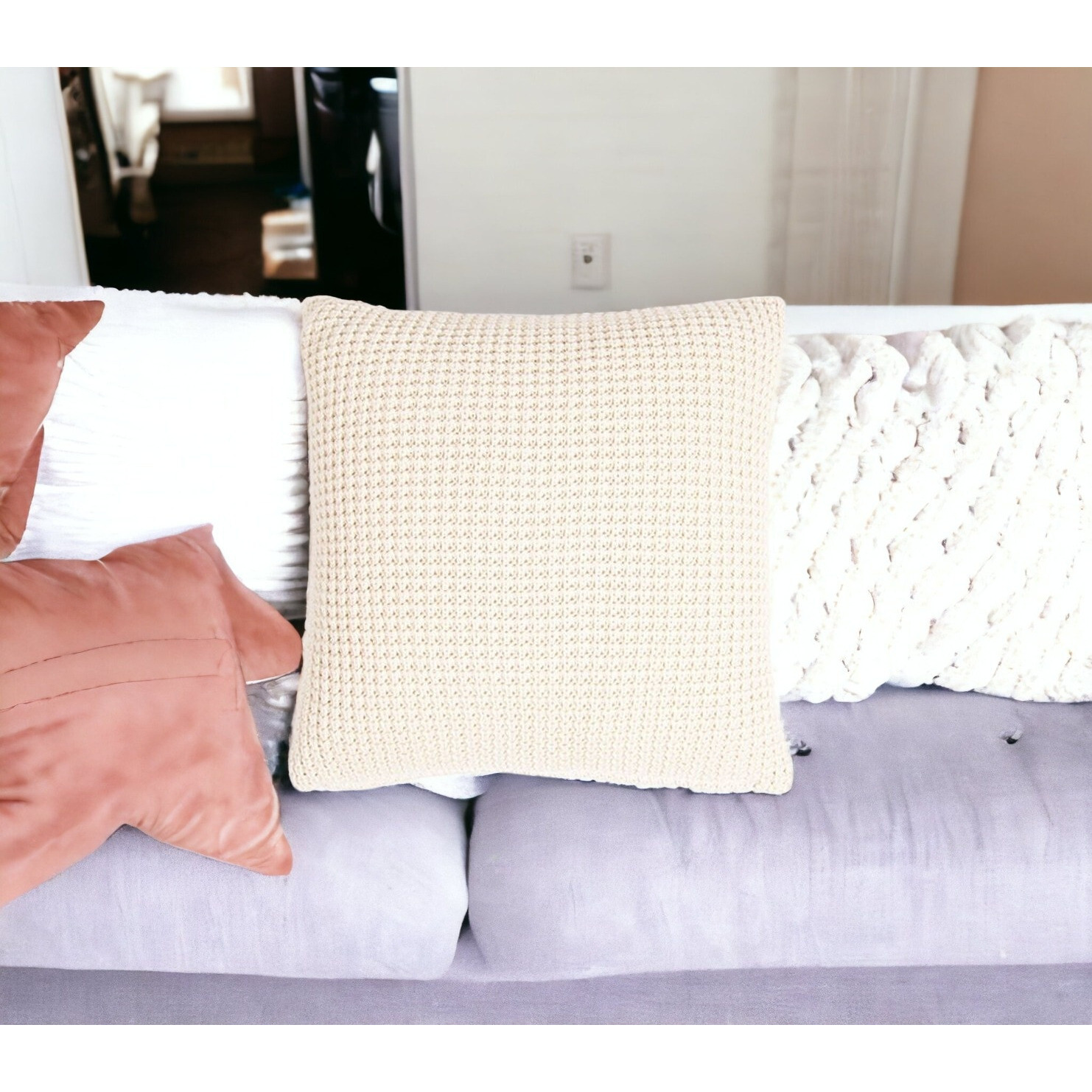 16" X 16" White Check Cotton Pillow Cover