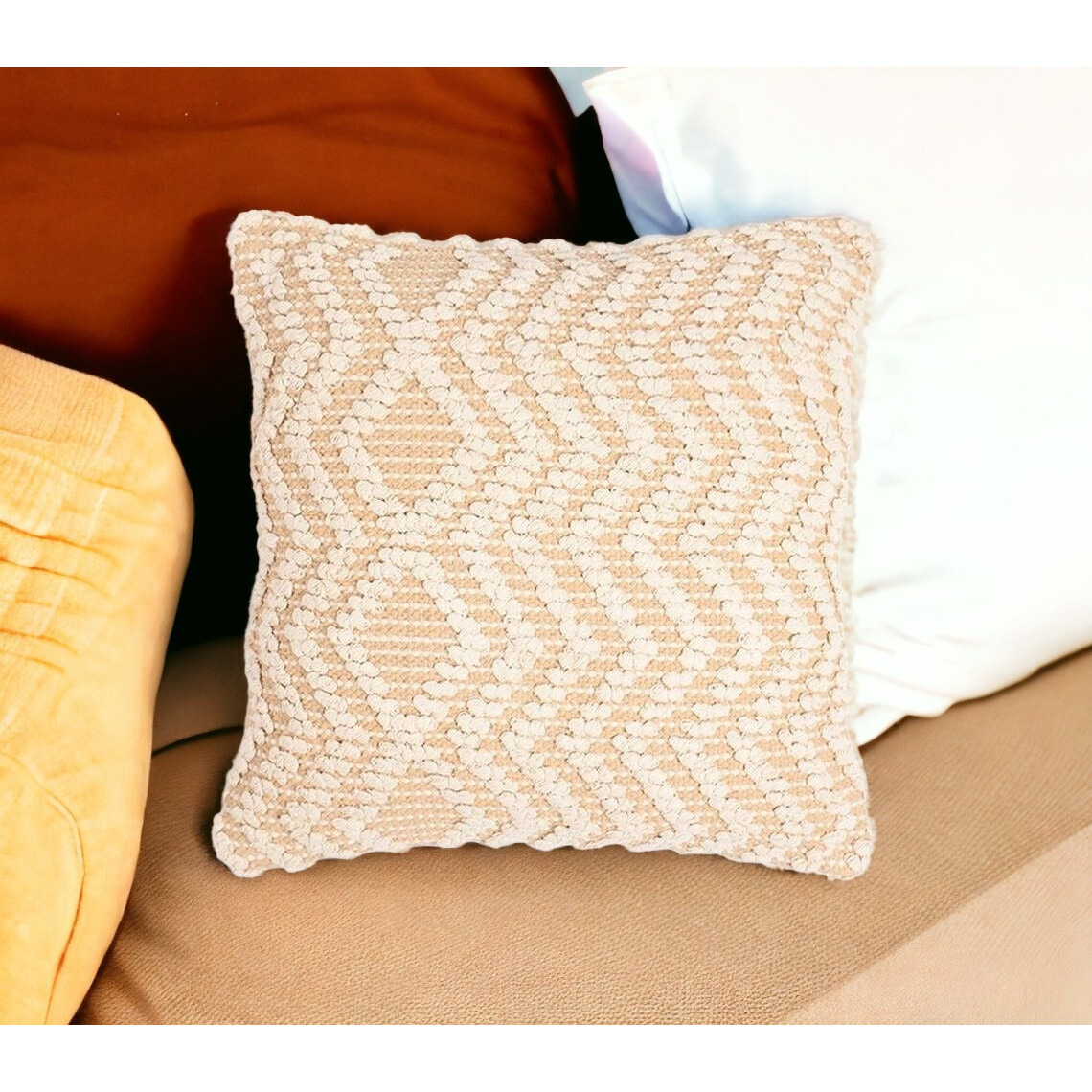 18" X 18" Beige and Ivory Zigzag Cotton Pillow Cover With Texture