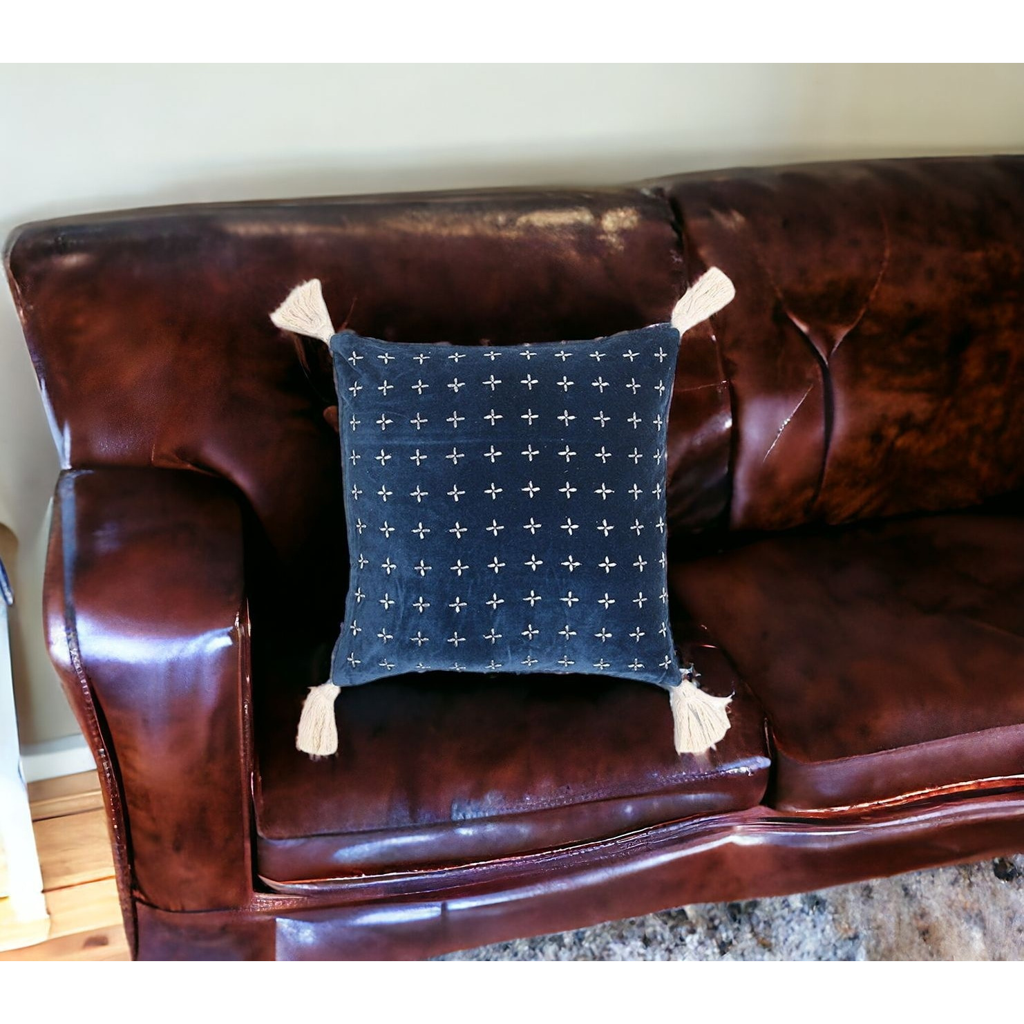18" X 18" Blue and White Geometric Cotton Pillow Cover With Embroidery and Tassels