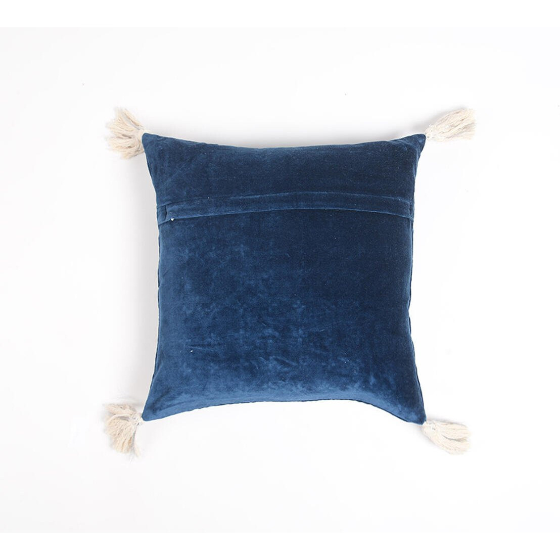 18" X 18" Blue and White Geometric Cotton Pillow Cover With Embroidery and Tassels