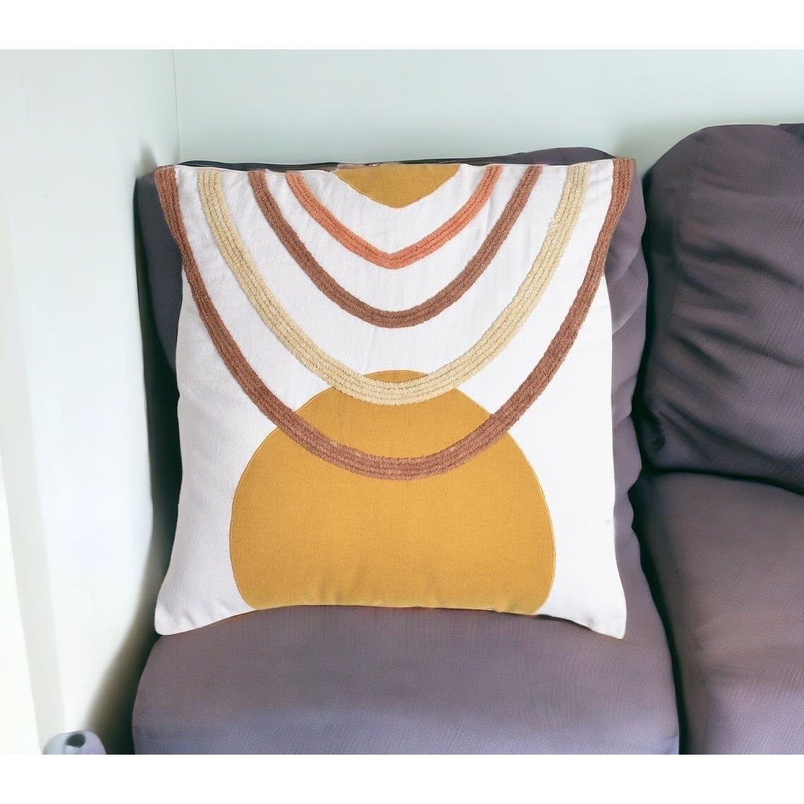 18" X 18" White and Gold Boho Cotton Pillow Cover With Embroidery