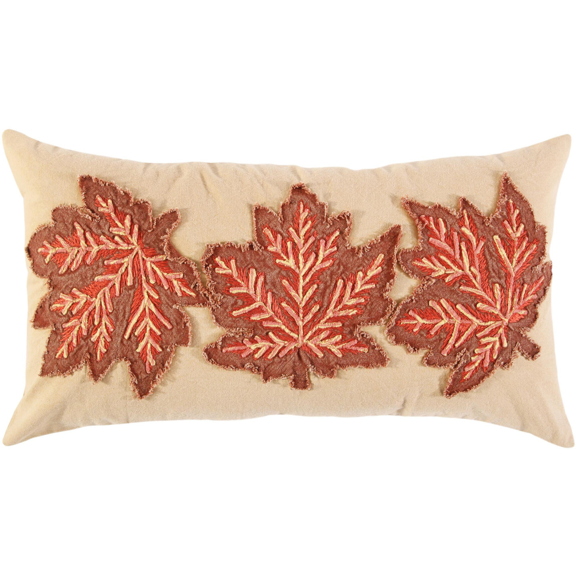 14" X 26" Beige and Brown Autumn Leaves Throw Pillow With Applique And Embroidery