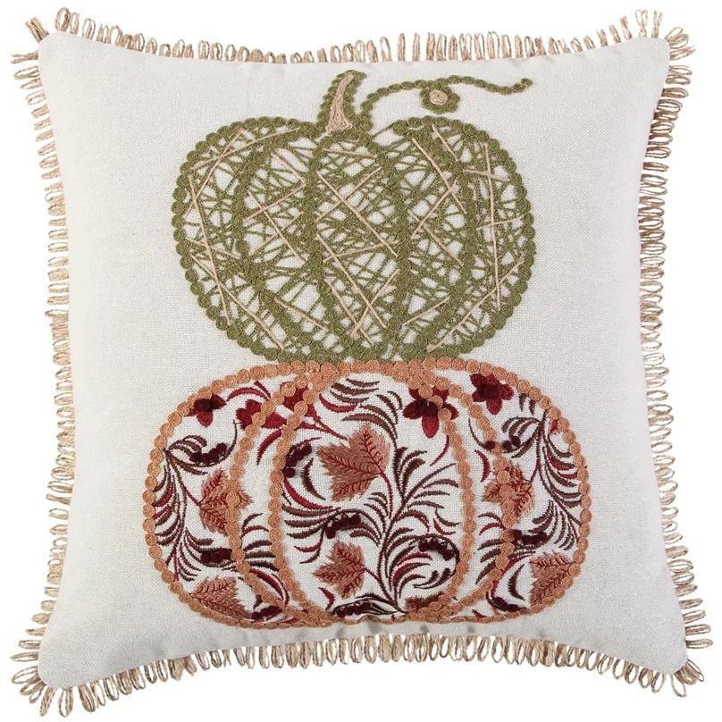 18" Ivory Green and Red Thanksgiving Cotton Pillow With Applique, Embroidery Edges