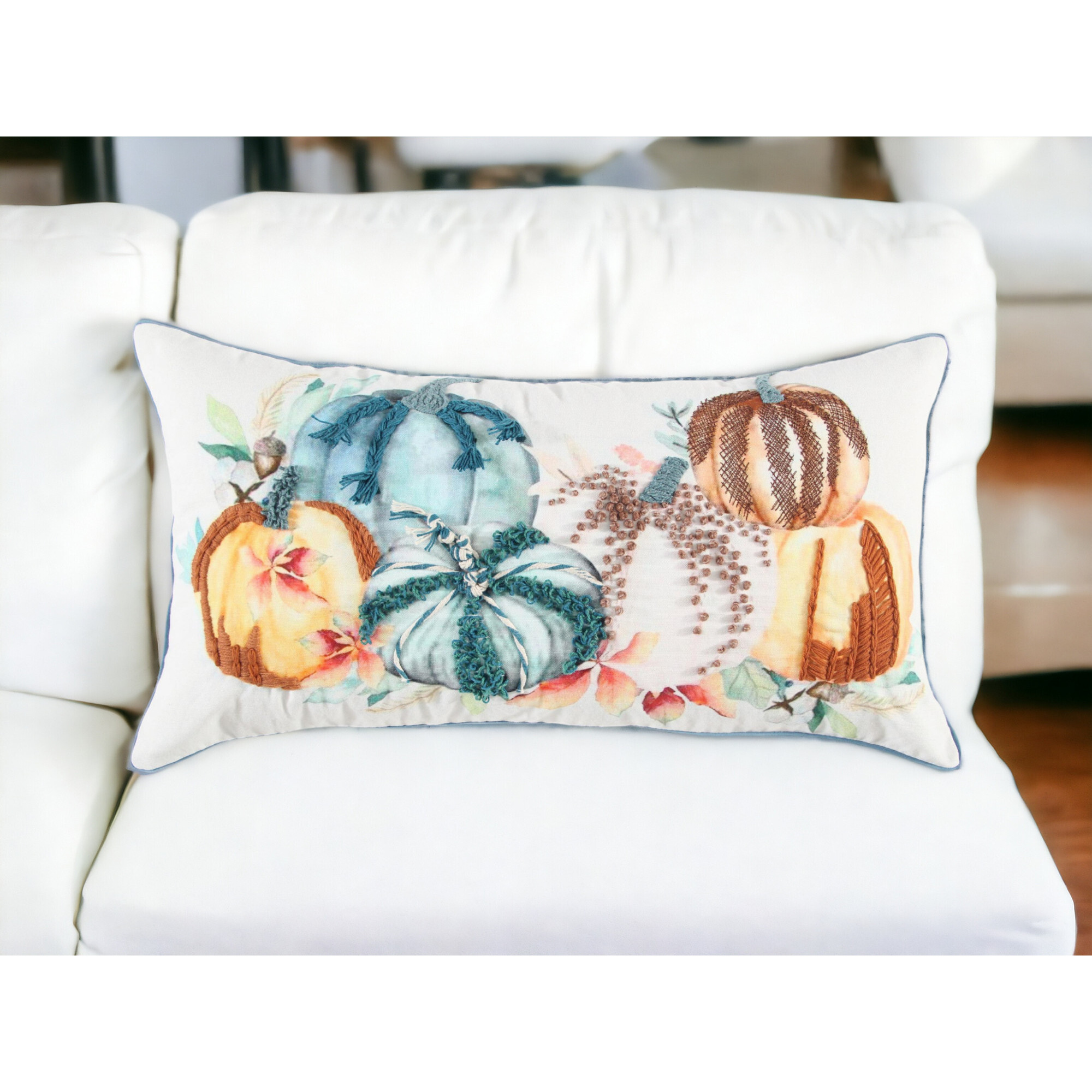 14" X 14" Blue and White Thanksgiving Cotton Pillow With Embroidery Edges