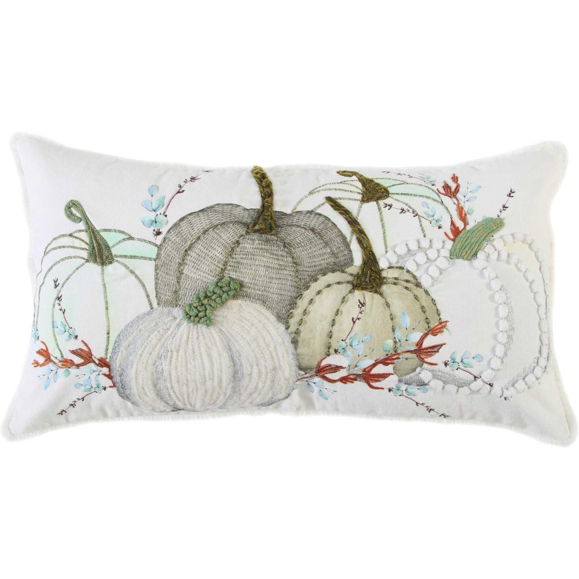 14" X 14" Green and White Thanksgiving Cotton Pillow With Embroidery Edges