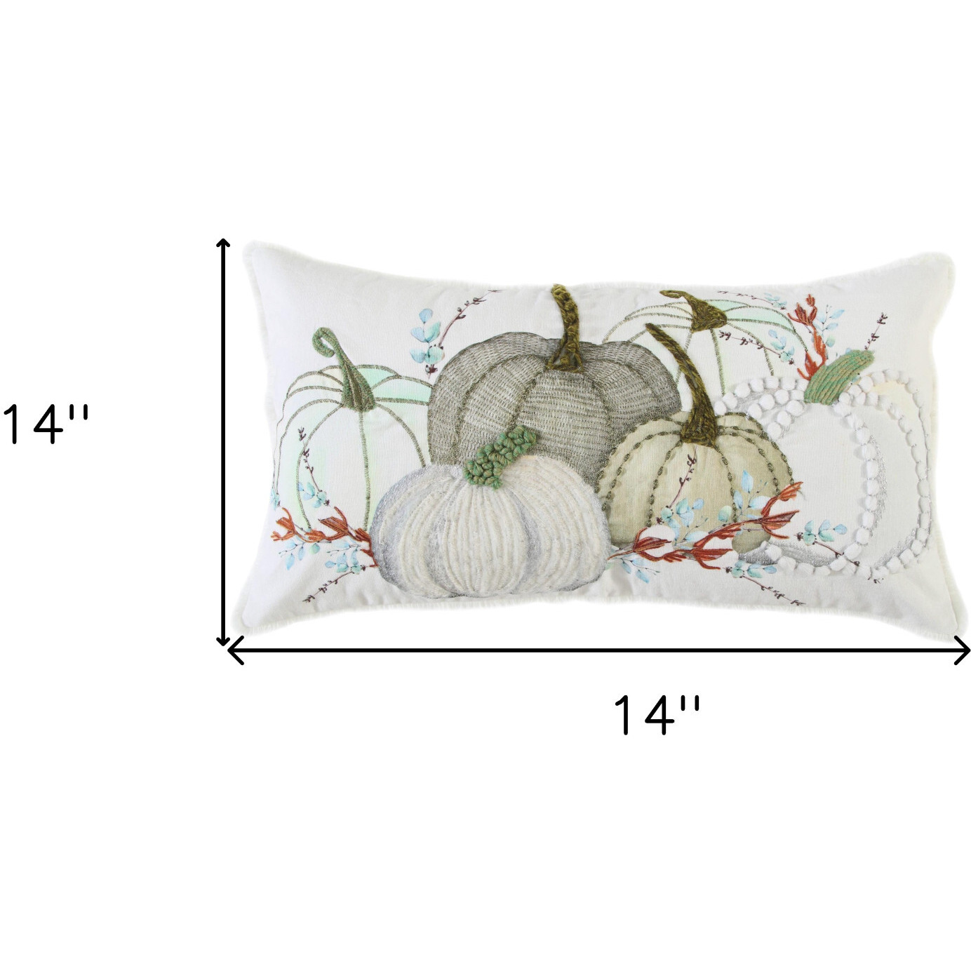 14" X 14" Green and White Thanksgiving Cotton Pillow With Embroidery Edges