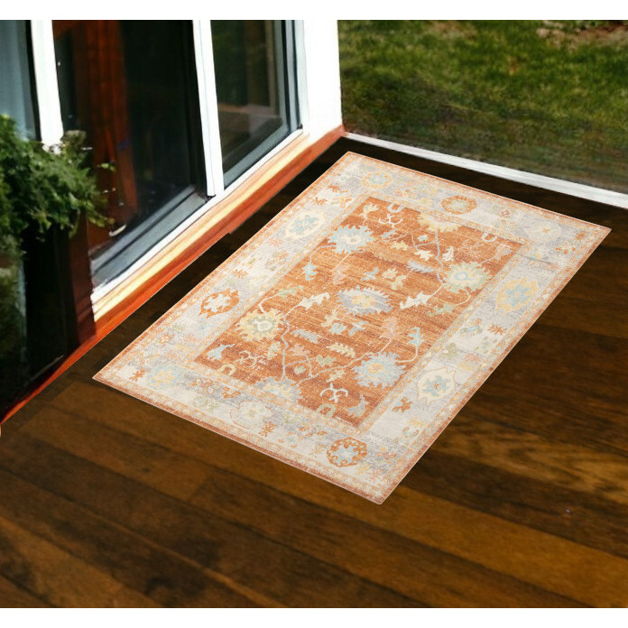 2' X 3' Blue and Orange Floral Stain Resistant Indoor Outdoor Area Rug