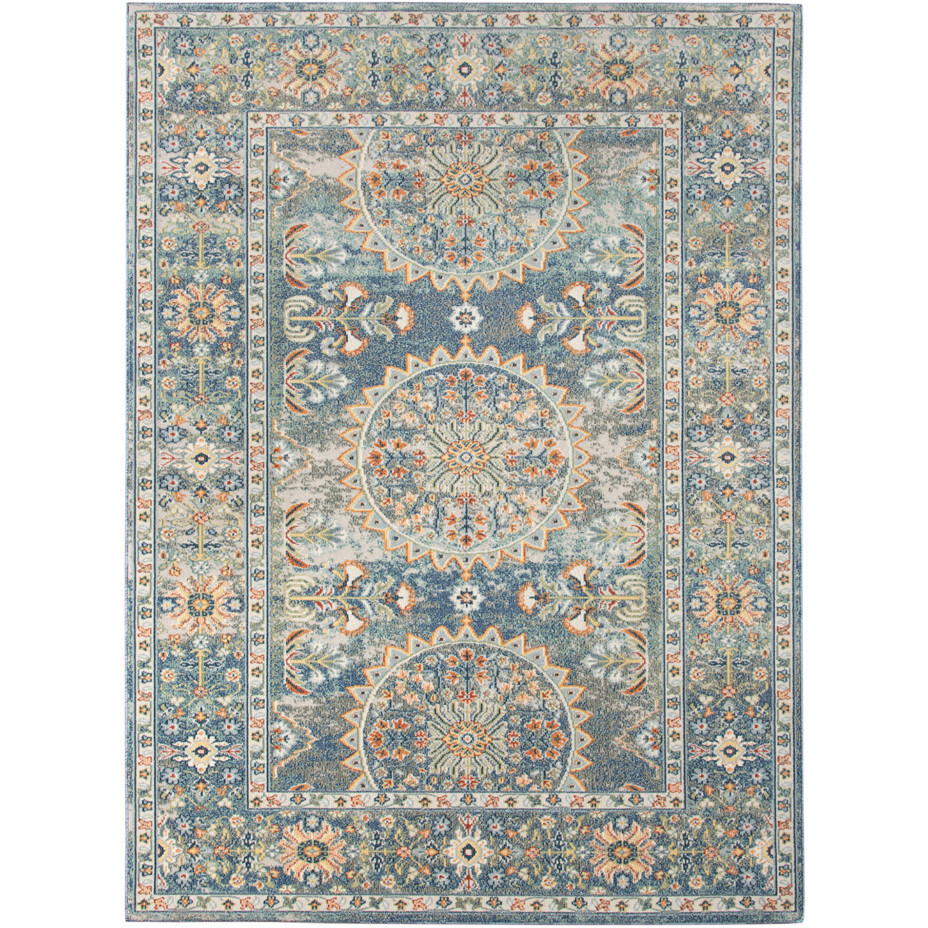 2' X 3' Blue and Orange Floral Medallion Stain Resistant Indoor Outdoor Area Rug