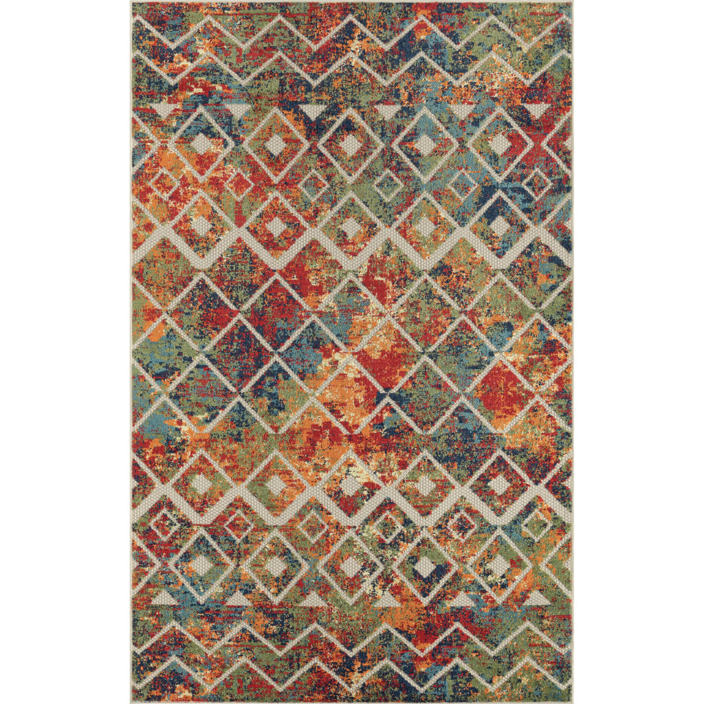 2' X 3' Green Orange and Red Geometric Stain Resistant Indoor Outdoor Area Rug