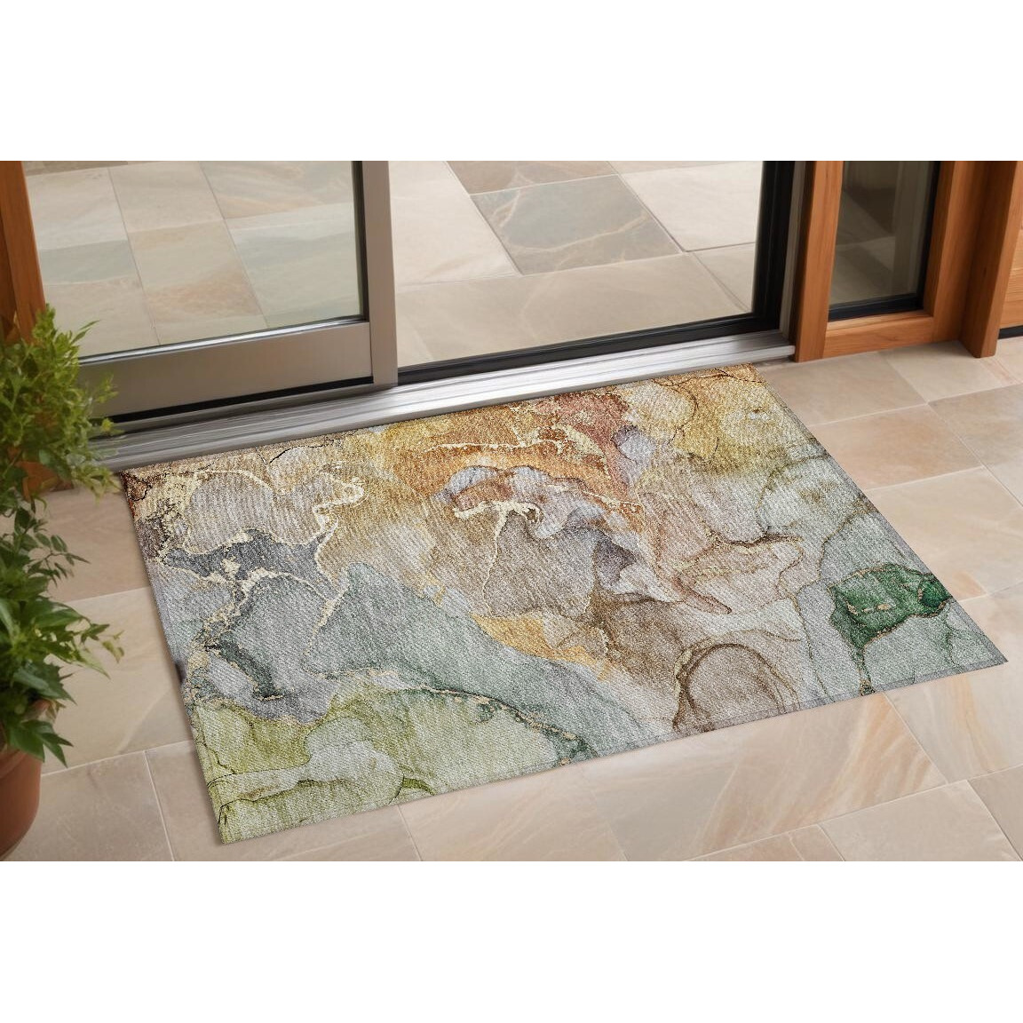 2' X 3' Gray and Gold Abstract Washable Non Skid Indoor Outdoor Area Rug