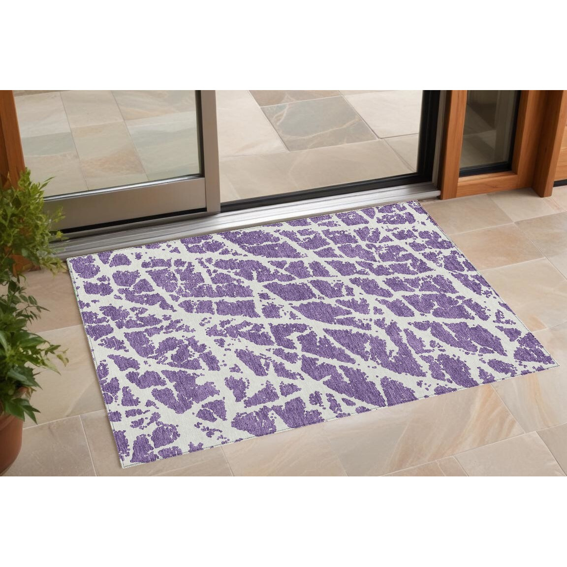 2' X 3' Purple and White Abstract Washable Non Skid Indoor Outdoor Area Rug