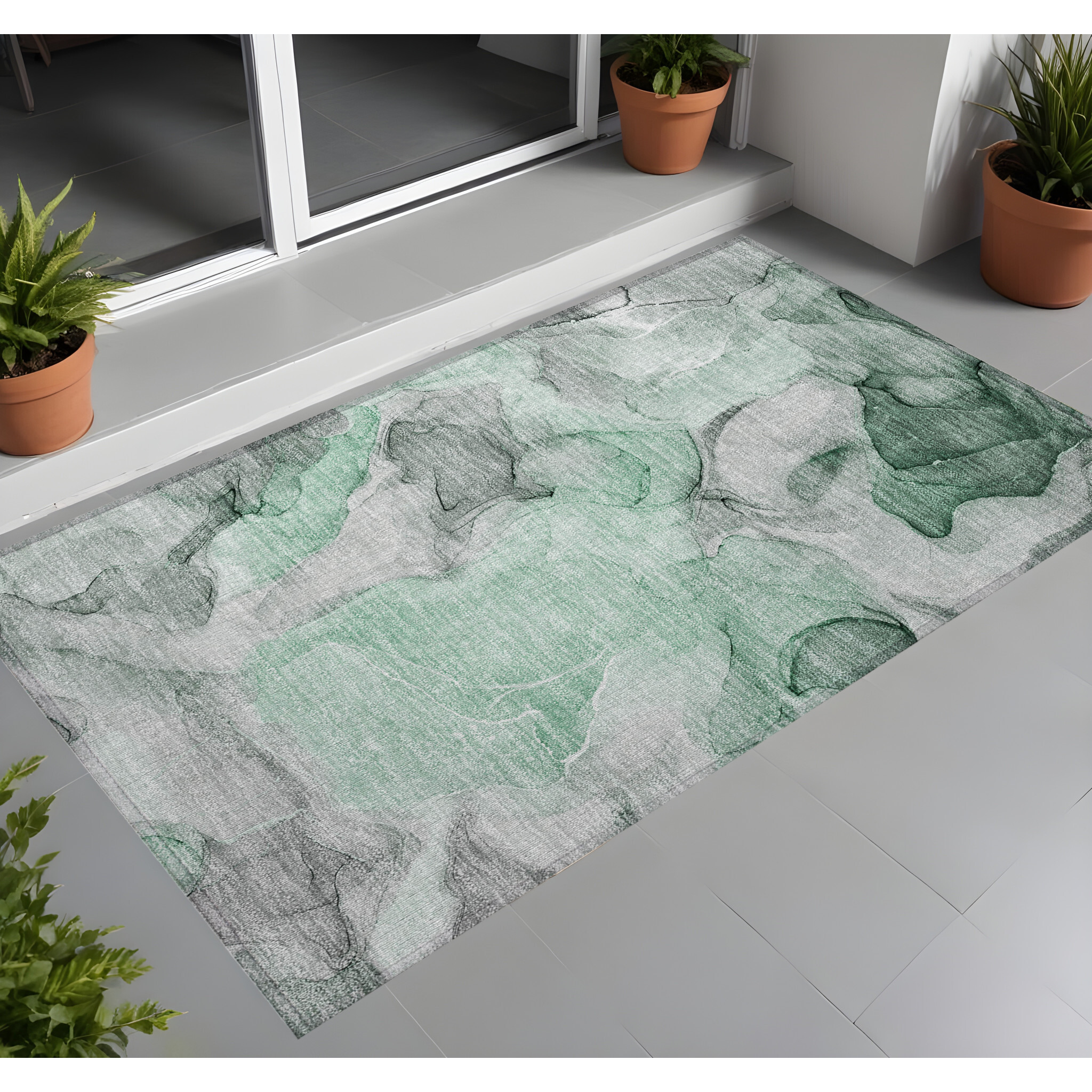 2' X 3' Green Abstract Washable Non Skid Indoor Outdoor Area Rug