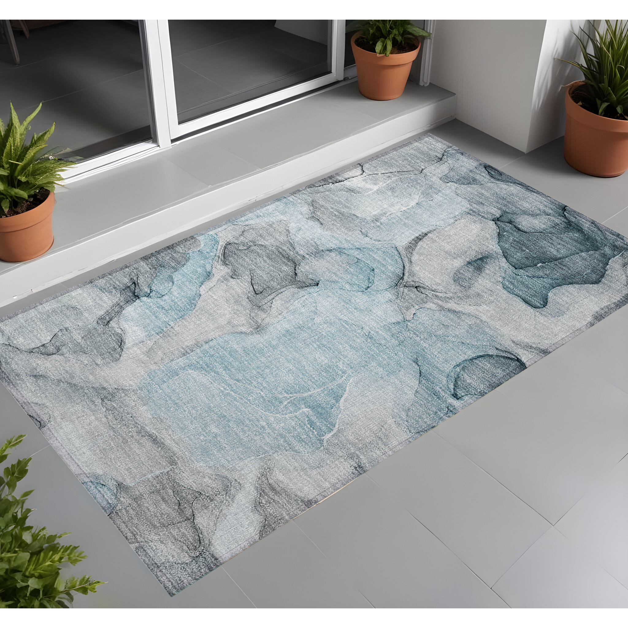 2' X 3' Teal Abstract Washable Non Skid Indoor Outdoor Area Rug