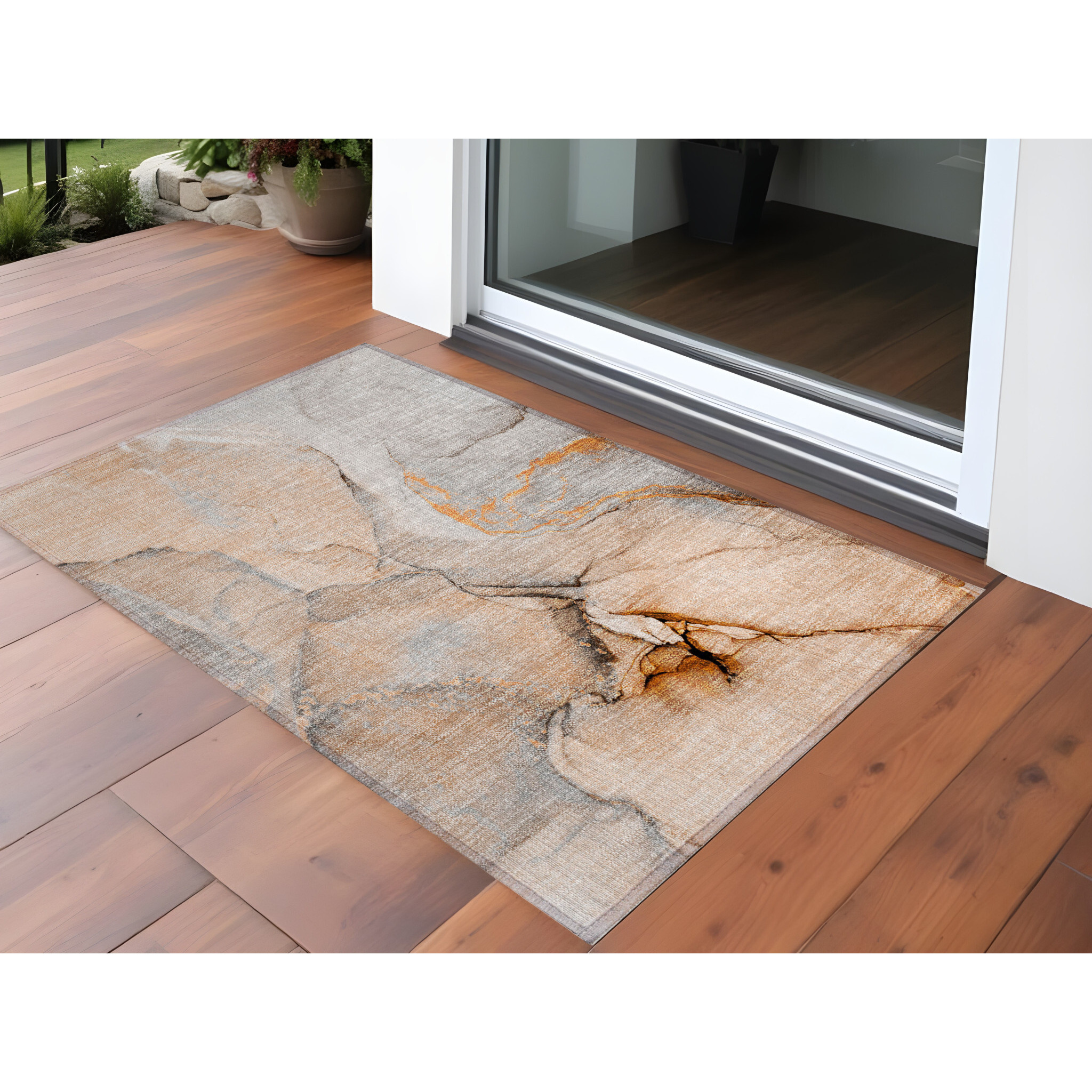 2' X 3' Orange Abstract Washable Non Skid Indoor Outdoor Area Rug