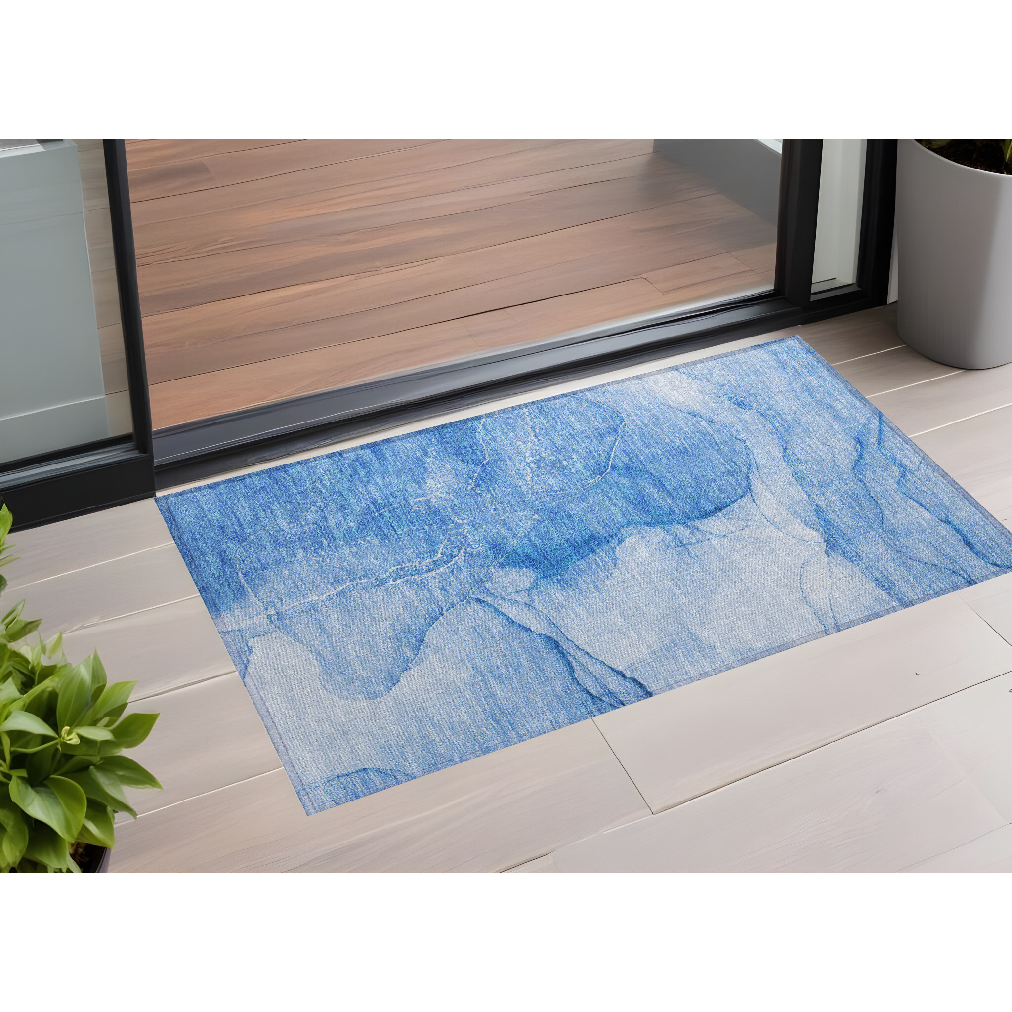 2' X 3' Blue Abstract Washable Non Skid Indoor Outdoor Area Rug