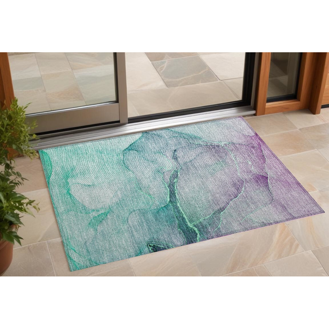 2' X 3' Green Abstract Washable Non Skid Indoor Outdoor Area Rug