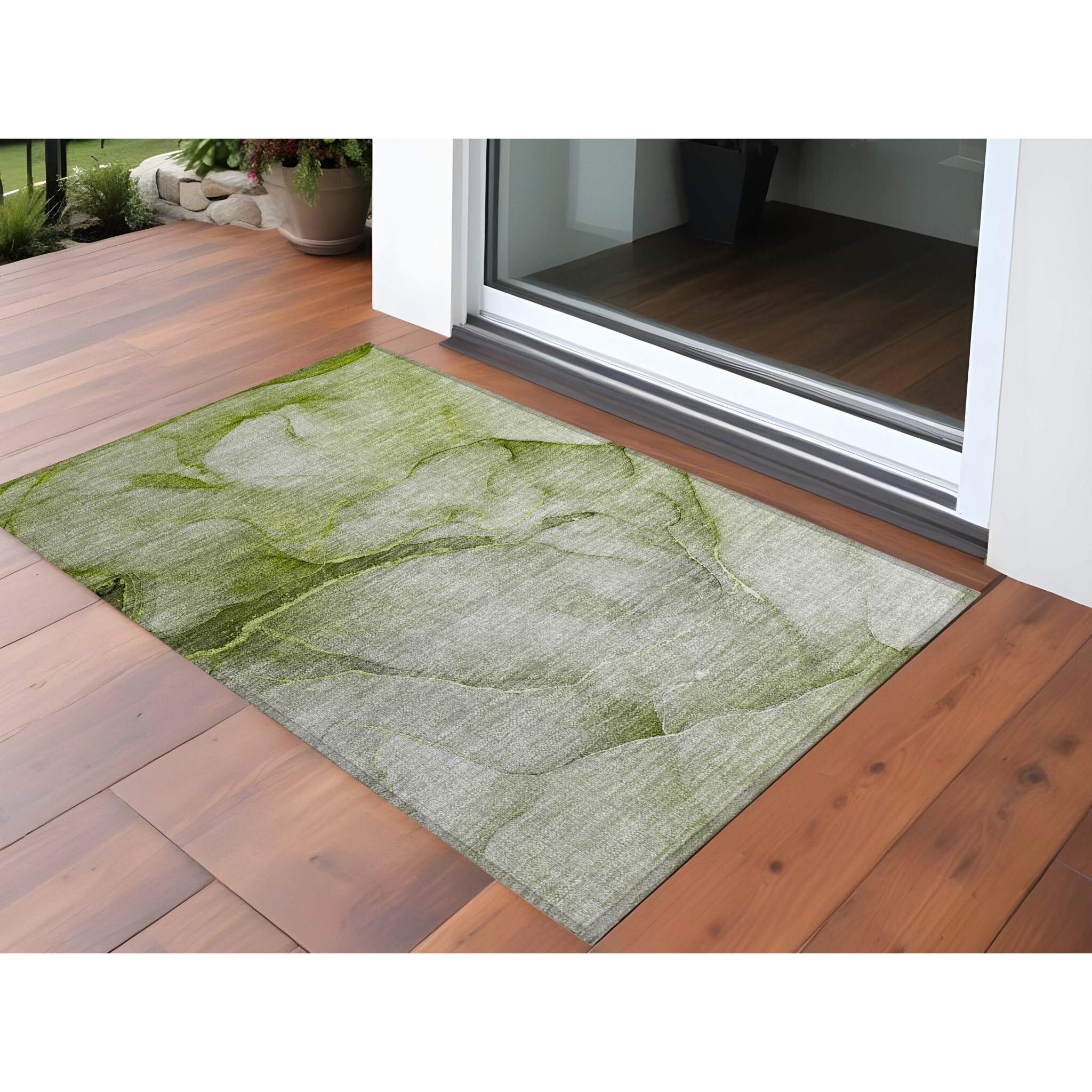 2' X 3' Olive Green Abstract Washable Non Skid Indoor Outdoor Area Rug