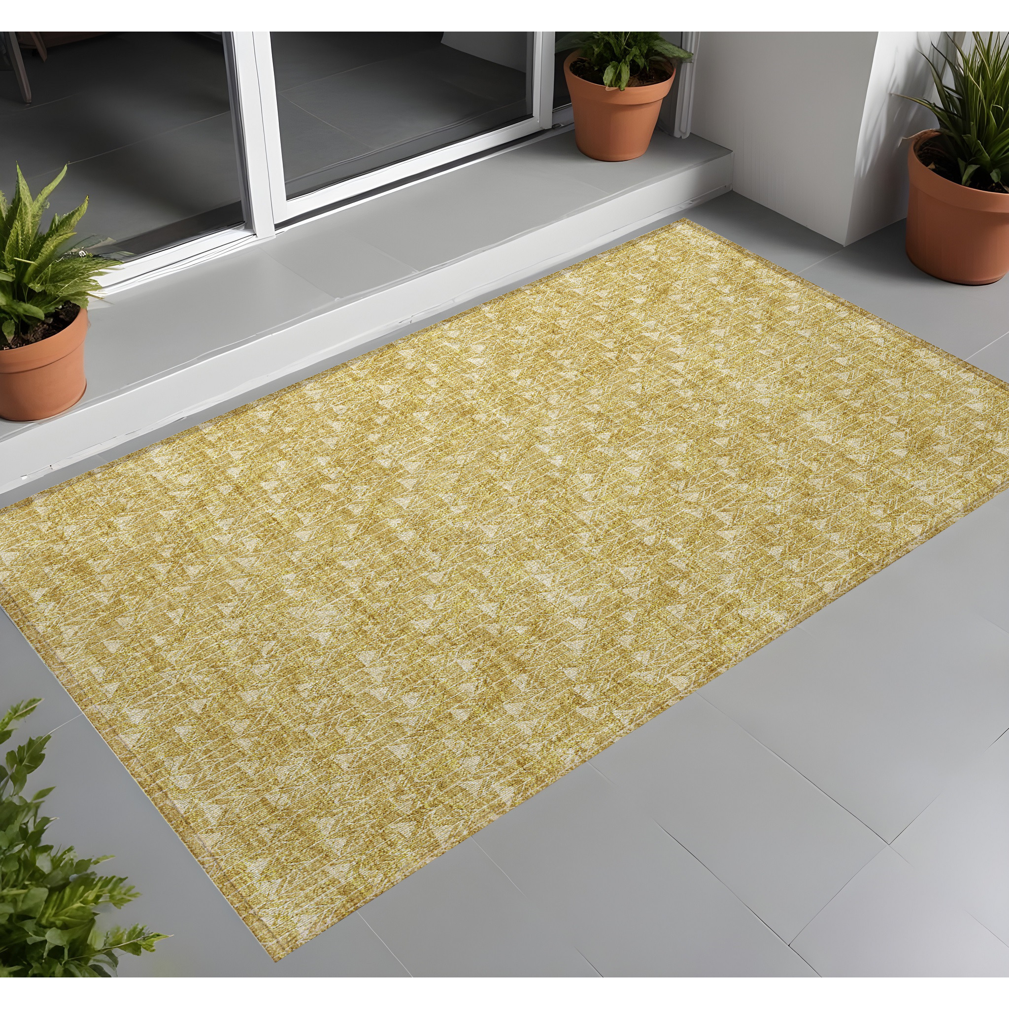 2' X 3' Gold Geometric Washable Non Skid Indoor Outdoor Area Rug