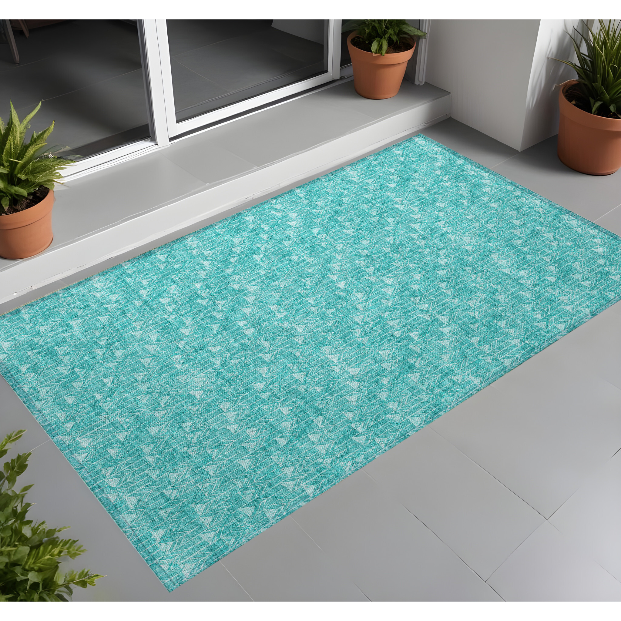 2' X 3' Turquoise Geometric Washable Non Skid Indoor Outdoor Area Rug
