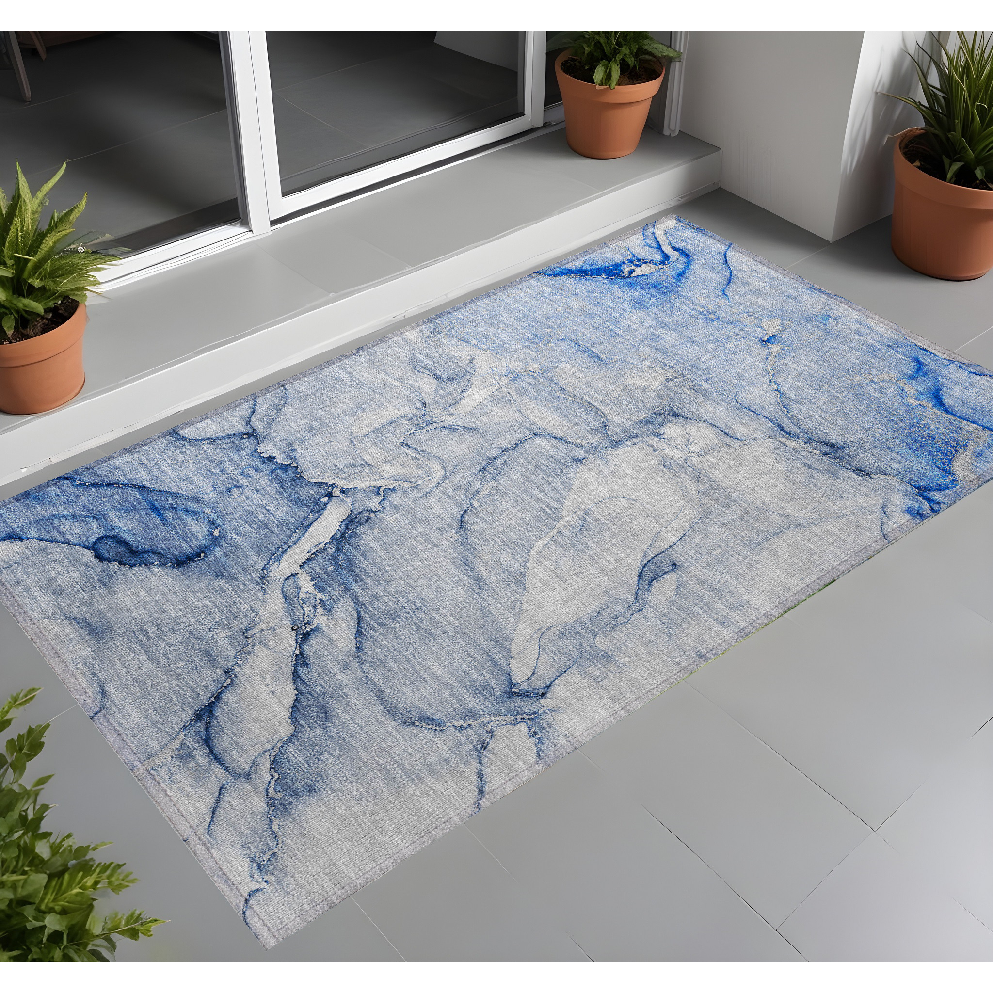 2' X 3' Navy Blue Abstract Washable Non Skid Indoor Outdoor Area Rug