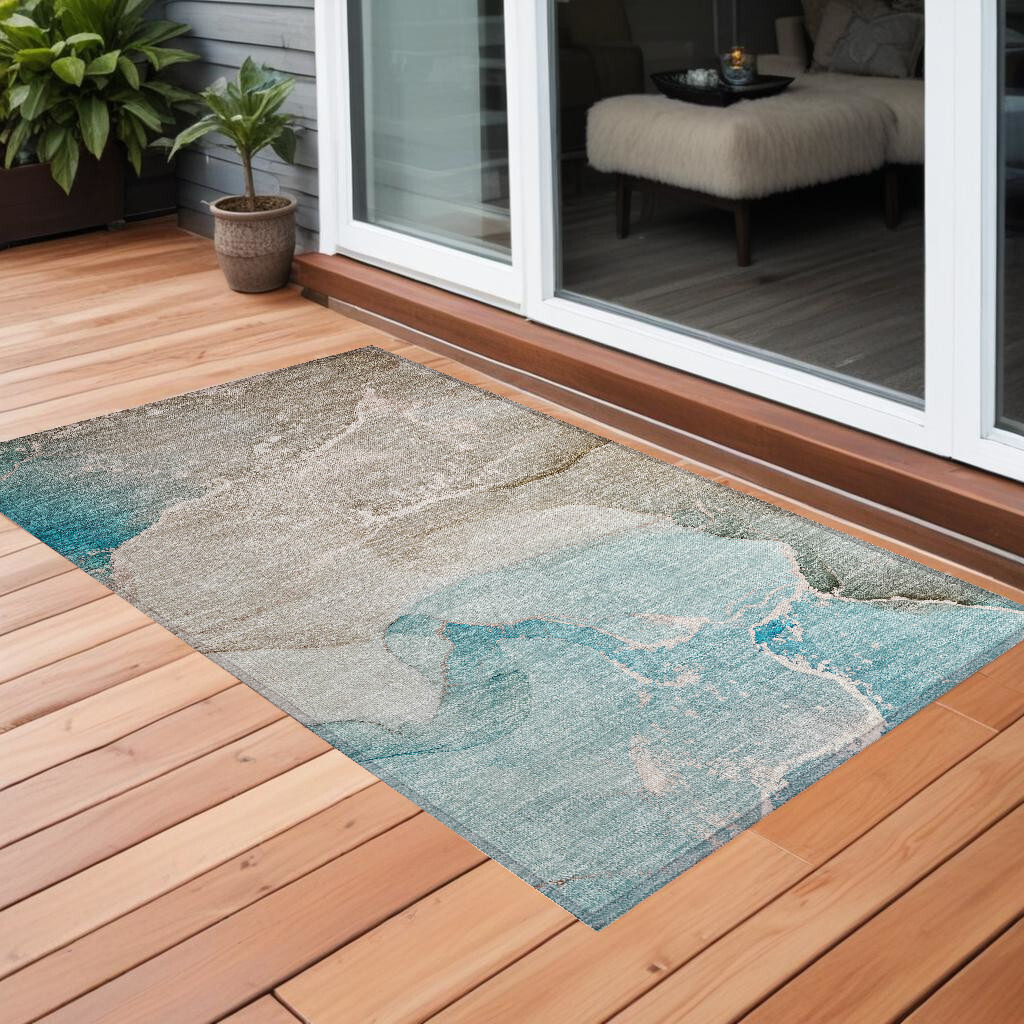 2' X 3' Teal Abstract Washable Non Skid Indoor Outdoor Area Rug