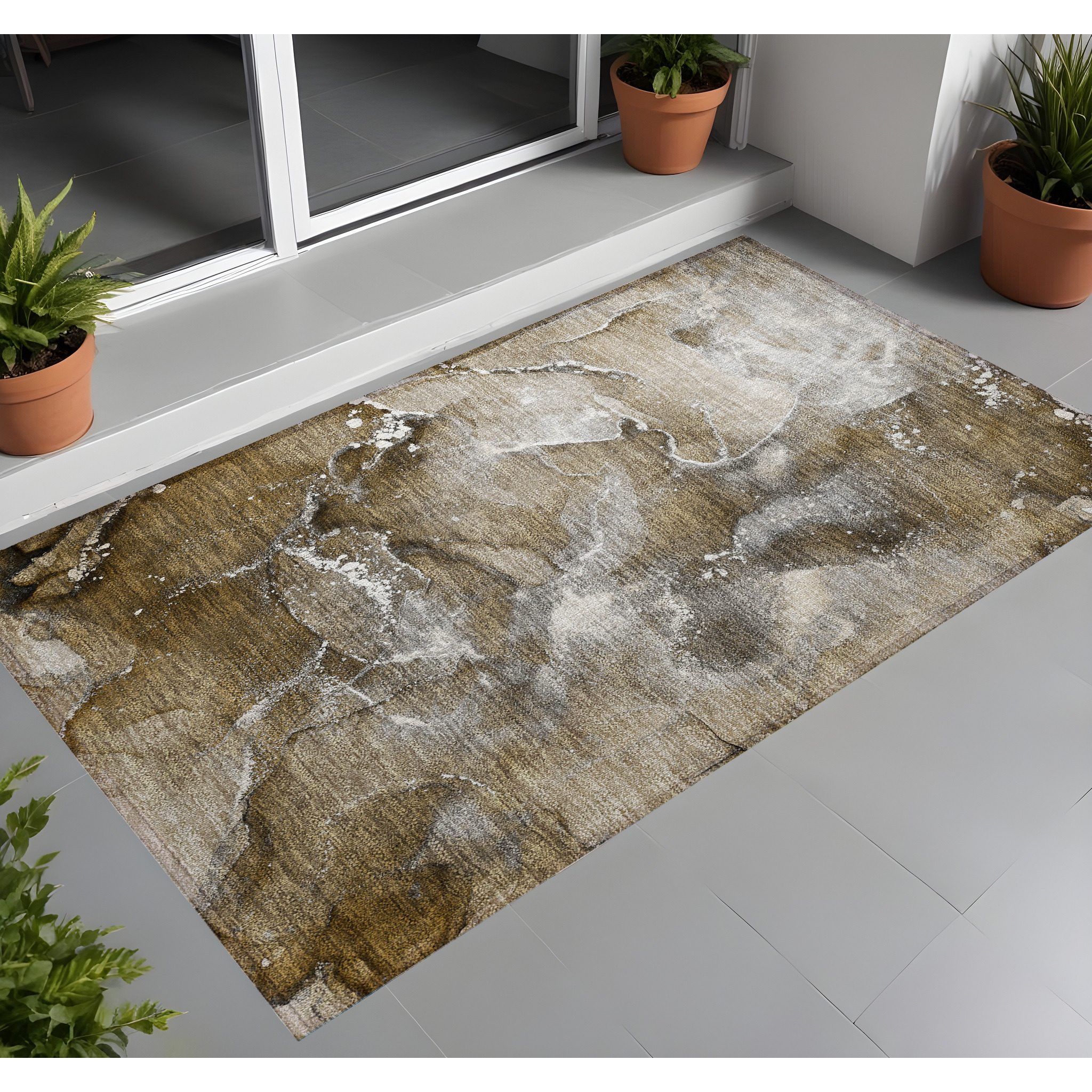 2' X 3' Brown and Gray Abstract Washable Non Skid Indoor Outdoor Area Rug
