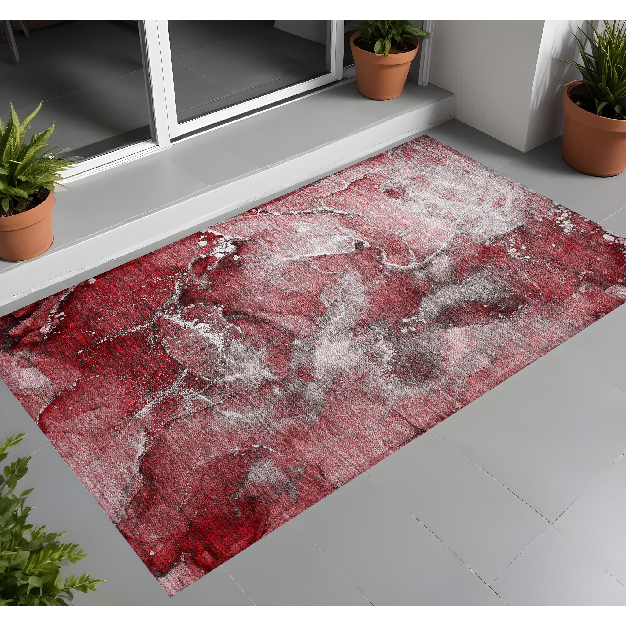 2' X 3' Merlot Abstract Washable Non Skid Indoor Outdoor Area Rug