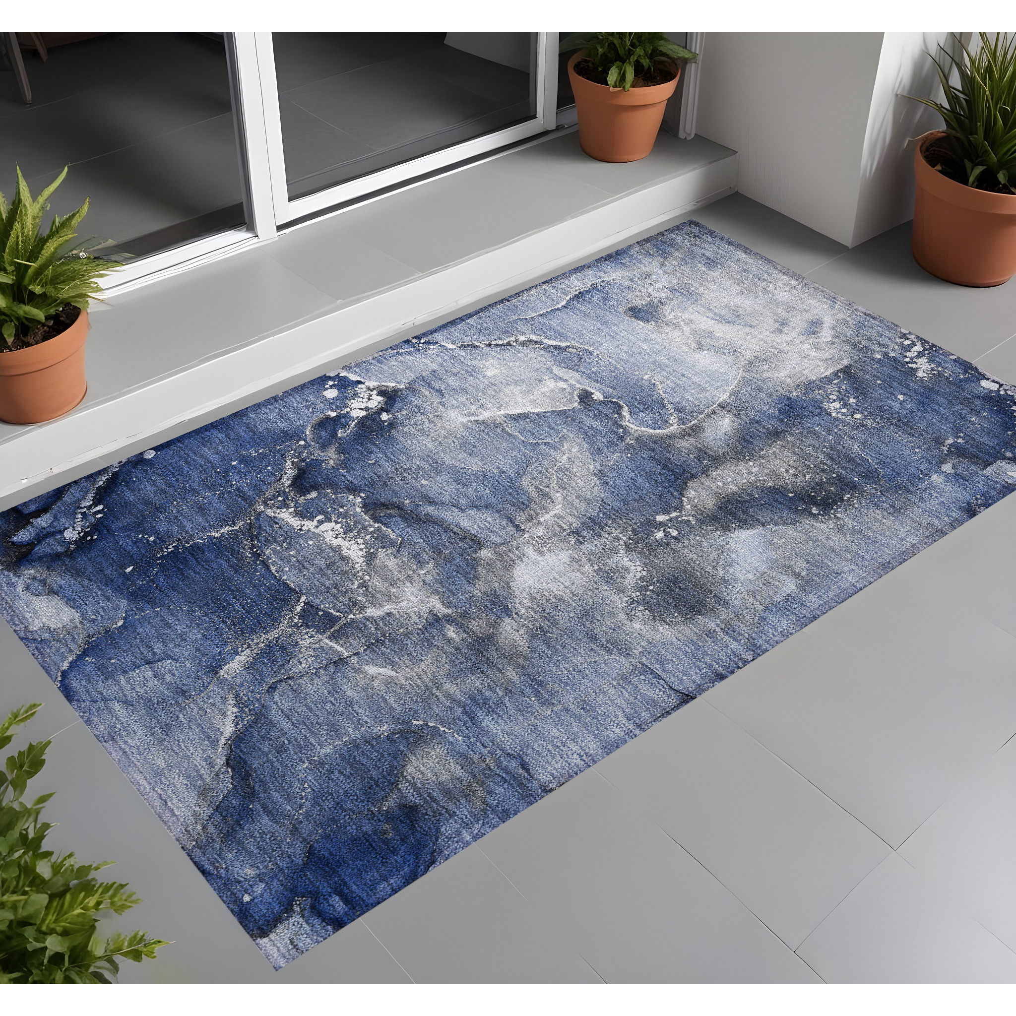 2' X 3' Blue and Gray Abstract Washable Non Skid Indoor Outdoor Area Rug